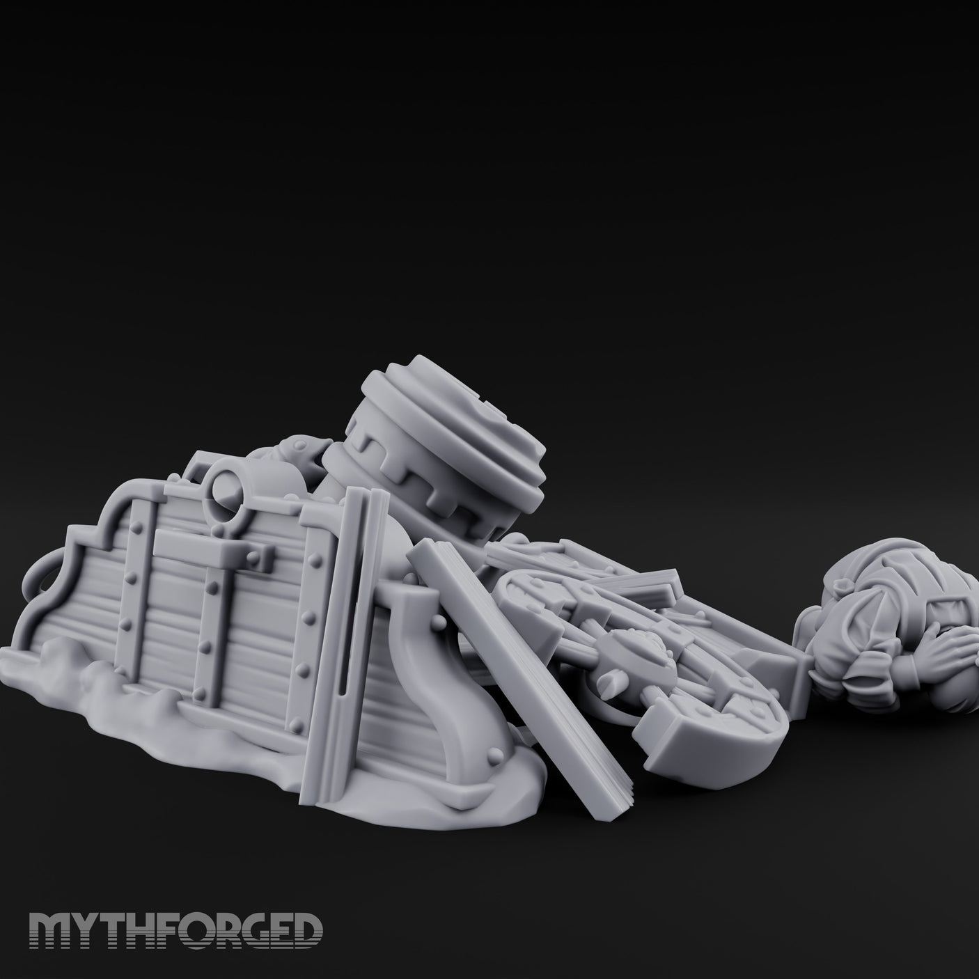 Wheel-Snapped Barrel-Toppled Destroyed Mortar Cart Ruins Miniature for Dungeons and Dragons, Pathfinder or other TTRPGs