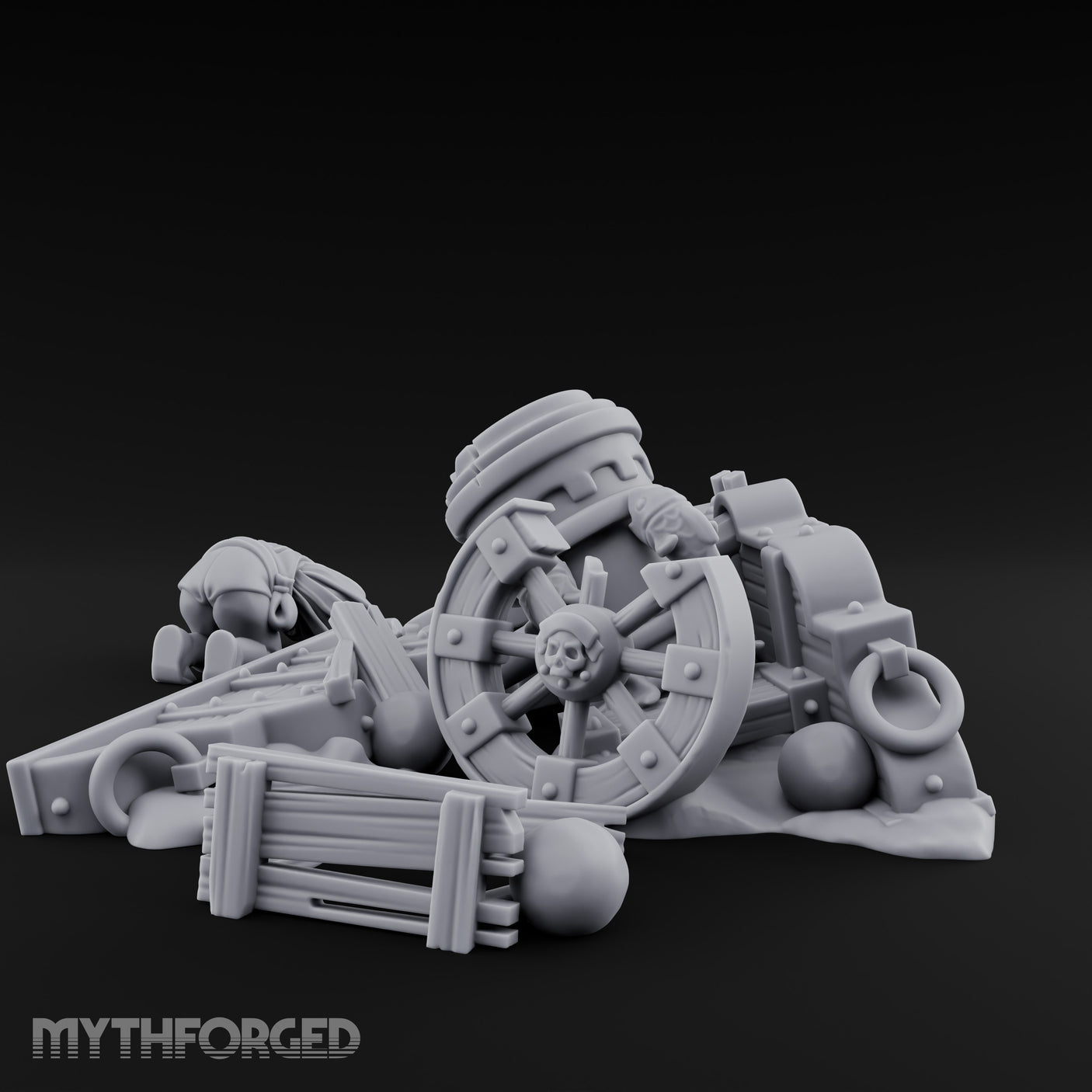 Wheel-Snapped Barrel-Toppled Destroyed Mortar Cart Ruins Miniature for Dungeons and Dragons, Pathfinder or other TTRPGs