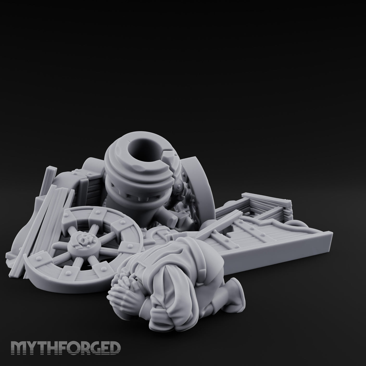 Wheel-Snapped Barrel-Toppled Destroyed Mortar Cart Ruins Miniature for Dungeons and Dragons, Pathfinder or other TTRPGs