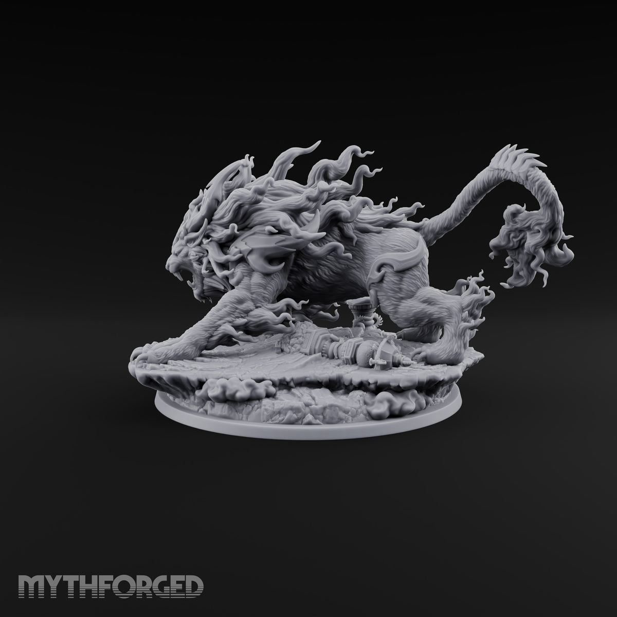 Tail Wears a Second Face Chimera Flame-Maned Lion Beast with Head-Tipped Tail on Rocky Base