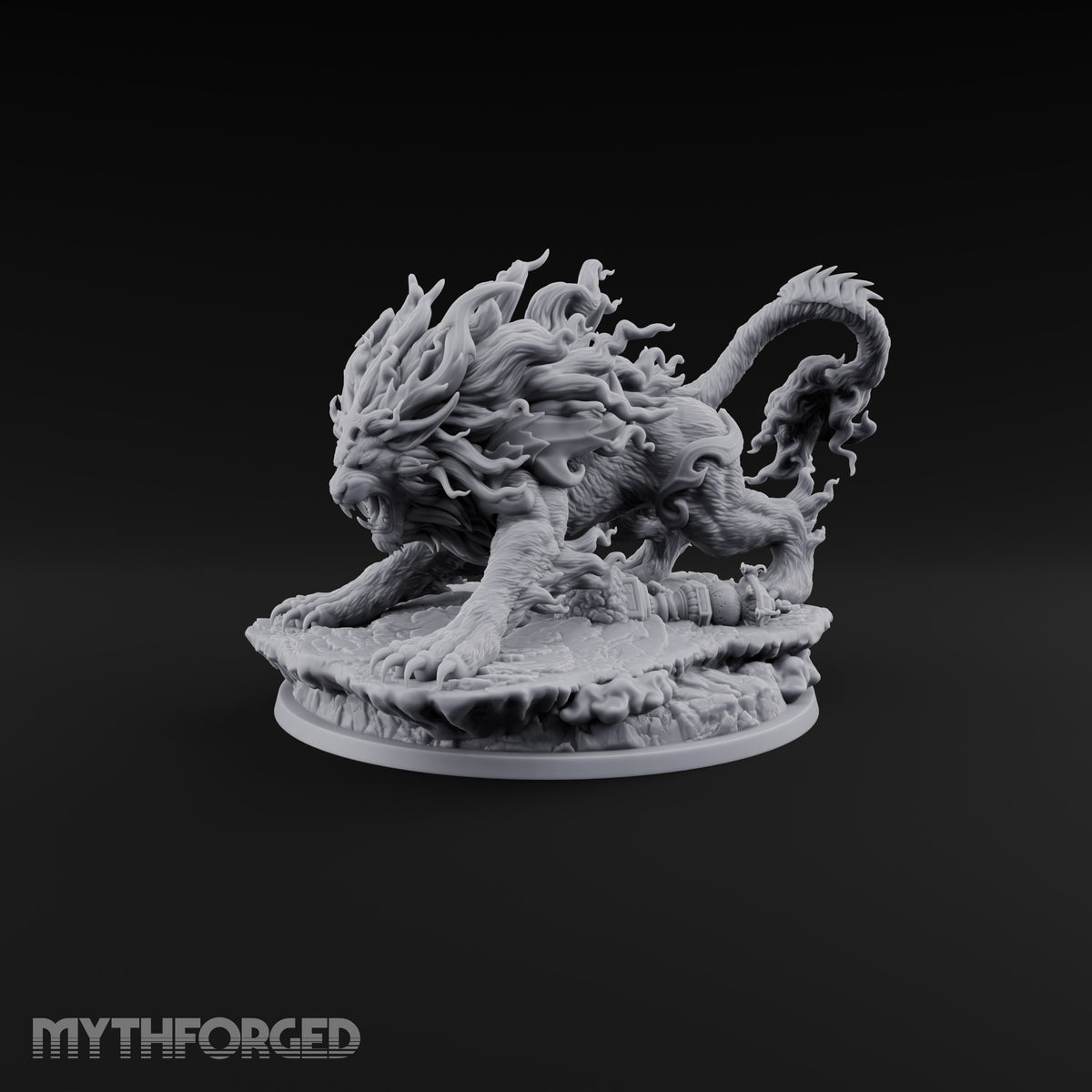 Tail Wears a Second Face Chimera Flame-Maned Lion Beast with Head-Tipped Tail on Rocky Base