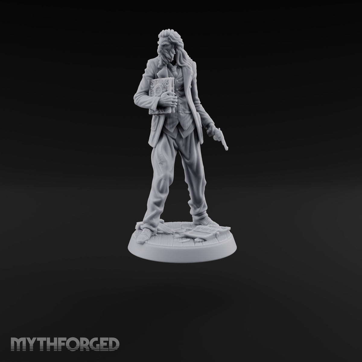 Sullen, Shabby and Armed Human Occultist with Tome and Revolver