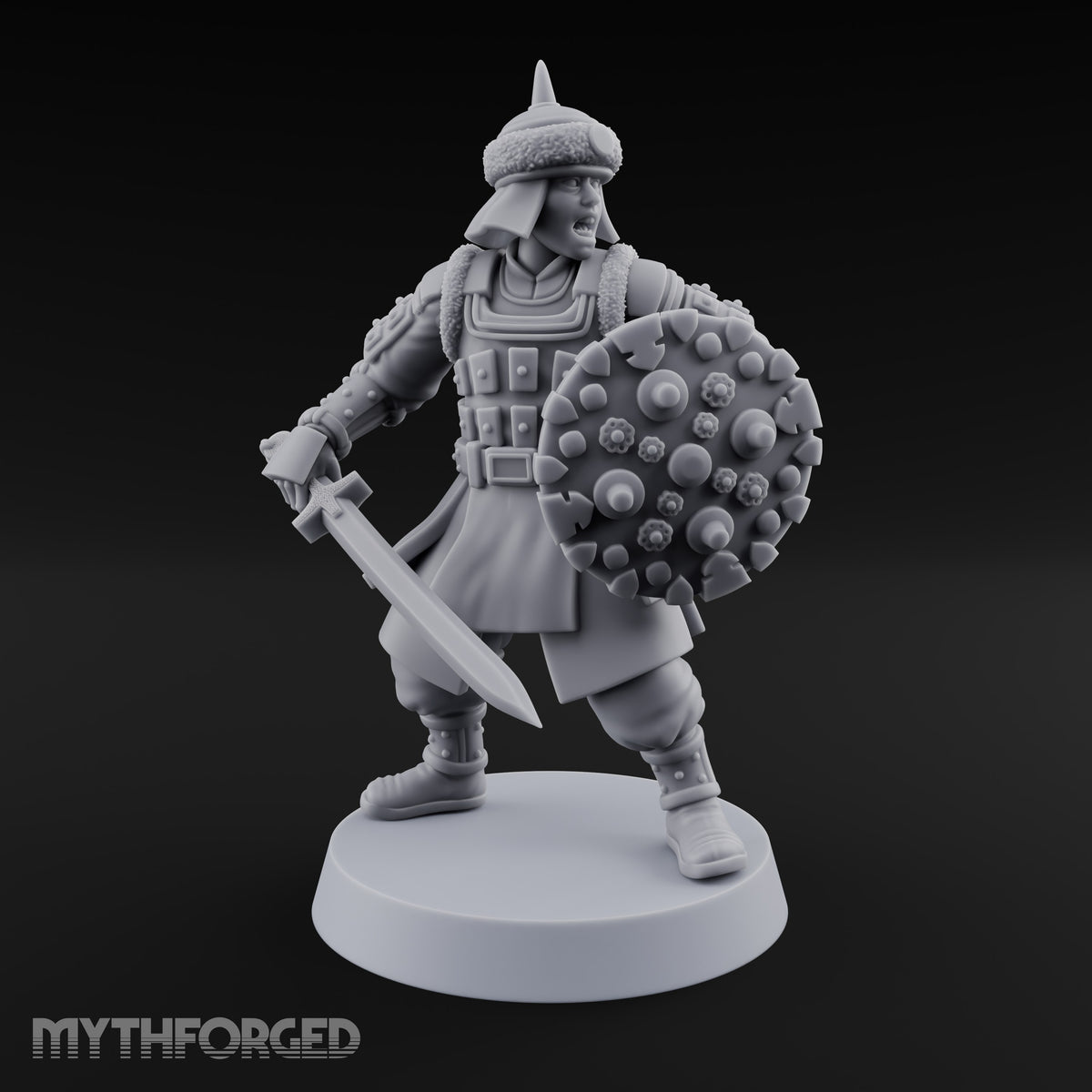 Shields Studded, Steel Singing Human Steppe Swordsmen with Studded Round Shields and Spiked Helms — D