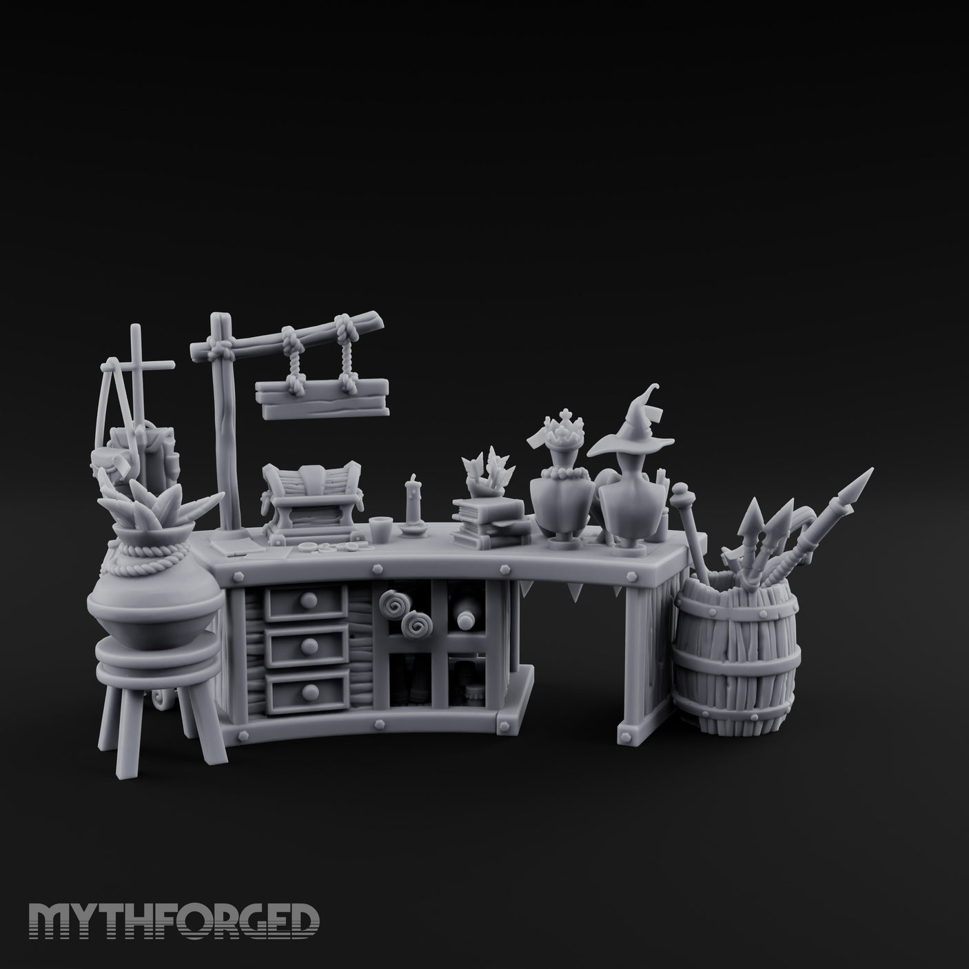 Witch-Hat Scale-Hung Trinket Trader's Market Counter Scene Miniature for Dungeons and Dragons, Pathfinder or other TTRPGs