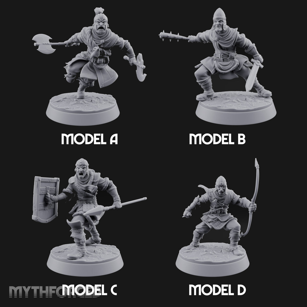 Muster Roll Misfits Human Soldiers — All · Twin Axes + Spiked Mace & Sword + Spear & Tower Shield + Bow & Dagger