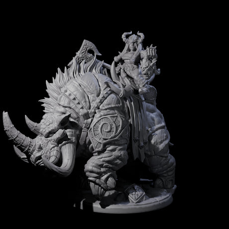 Berserker Dwarf riding Rhino C Miniature for Dungeons and Dragons, Pathfinder or other TTRPGs