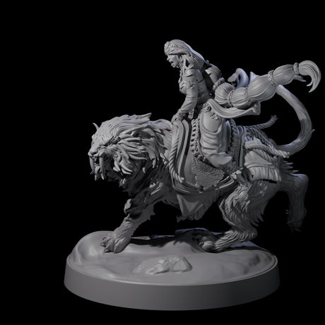 Big Hair Princess Riding a Shaggy Tiger Miniature for Dungeons and Dragons, Pathfinder or other TTRPGs