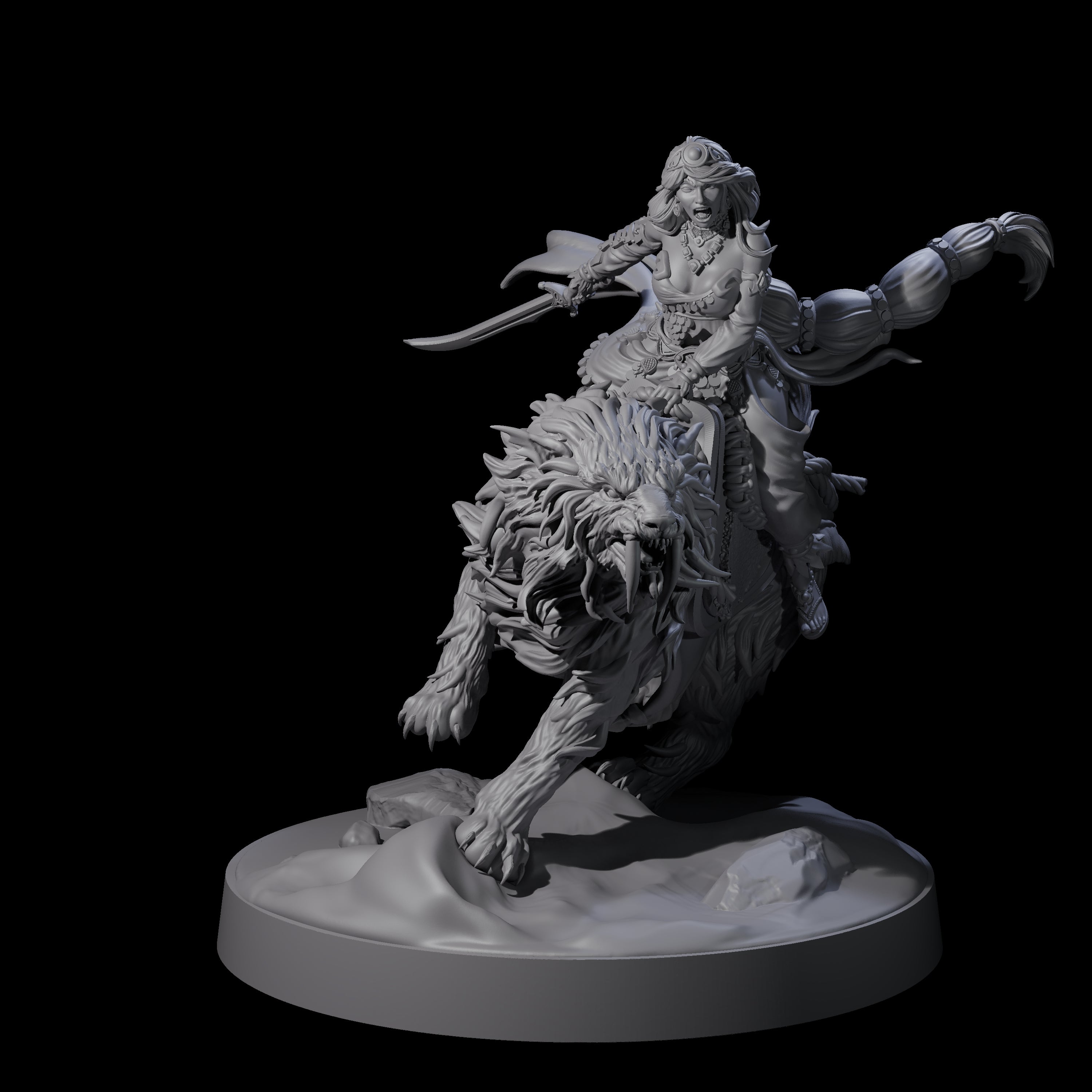 Big Hair Princess Riding a Shaggy Tiger Miniature for Dungeons and Dragons, Pathfinder or other TTRPGs