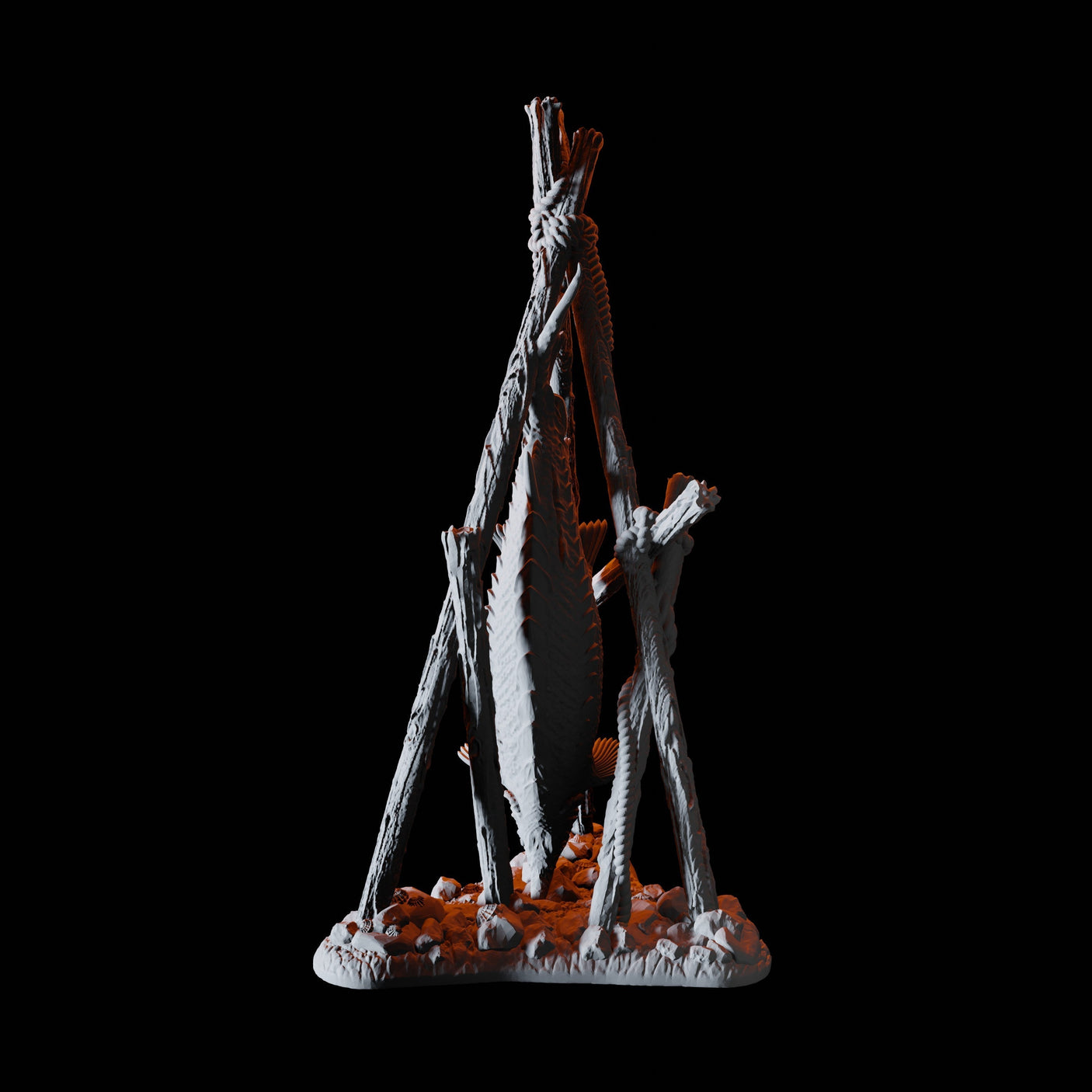 Campfire with Cooking Fish Miniature for Dungeons and Dragons, Pathfinder or other TTRPGs