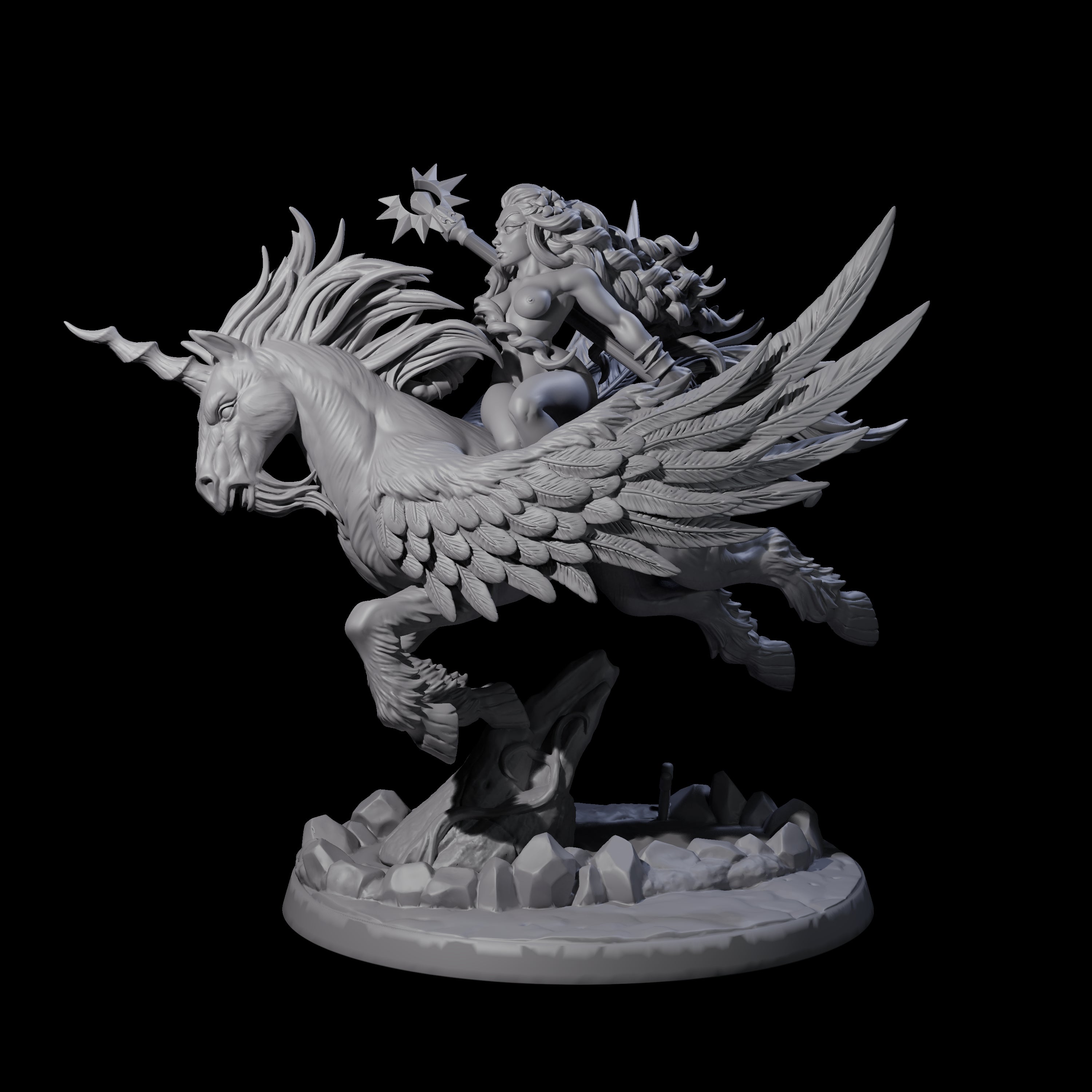 Charging Sorcerer on Winged Unicorn Miniature for Dungeons and Dragons, Pathfinder or other TTRPGs