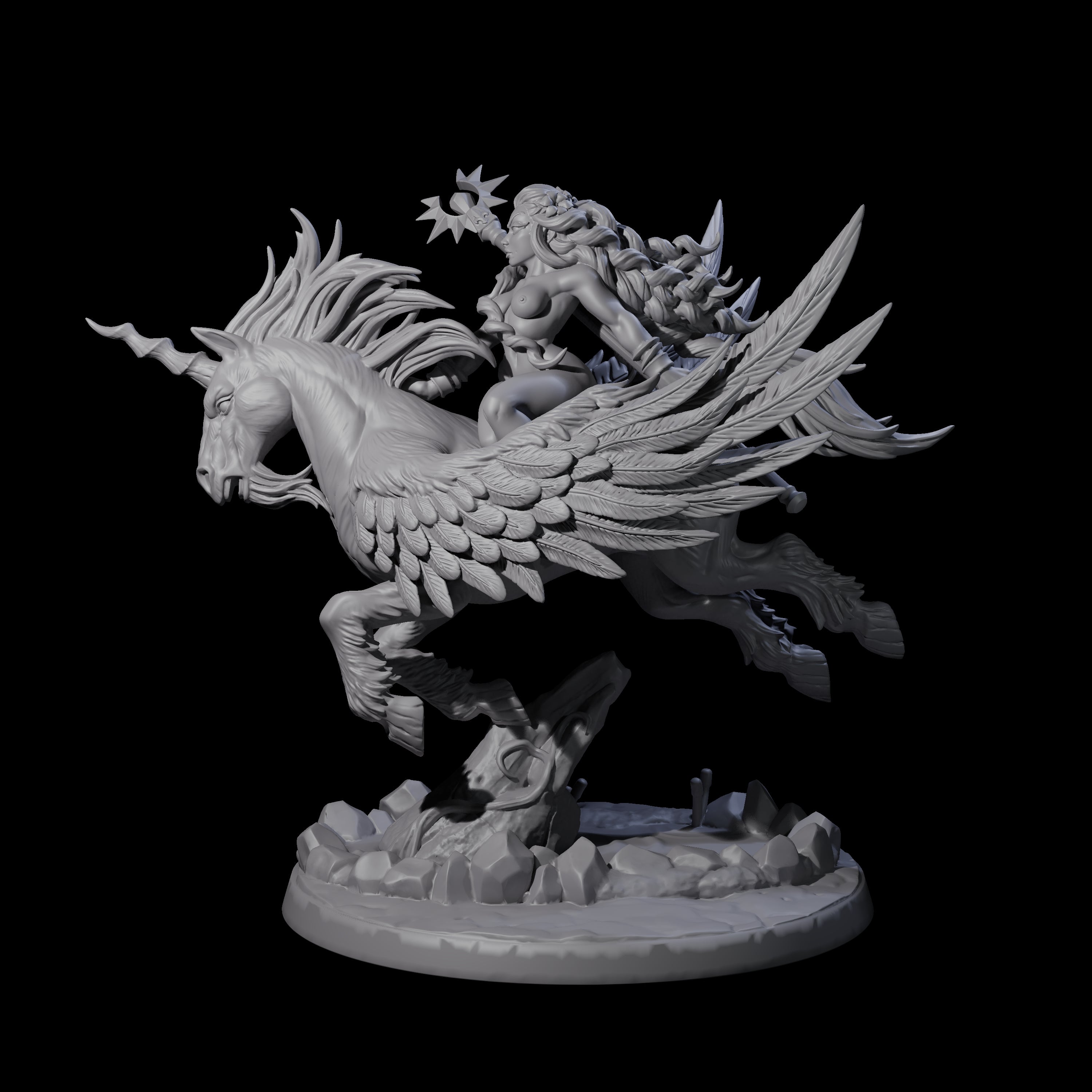 Charging Sorcerer on Winged Unicorn Miniature for Dungeons and Dragons, Pathfinder or other TTRPGs