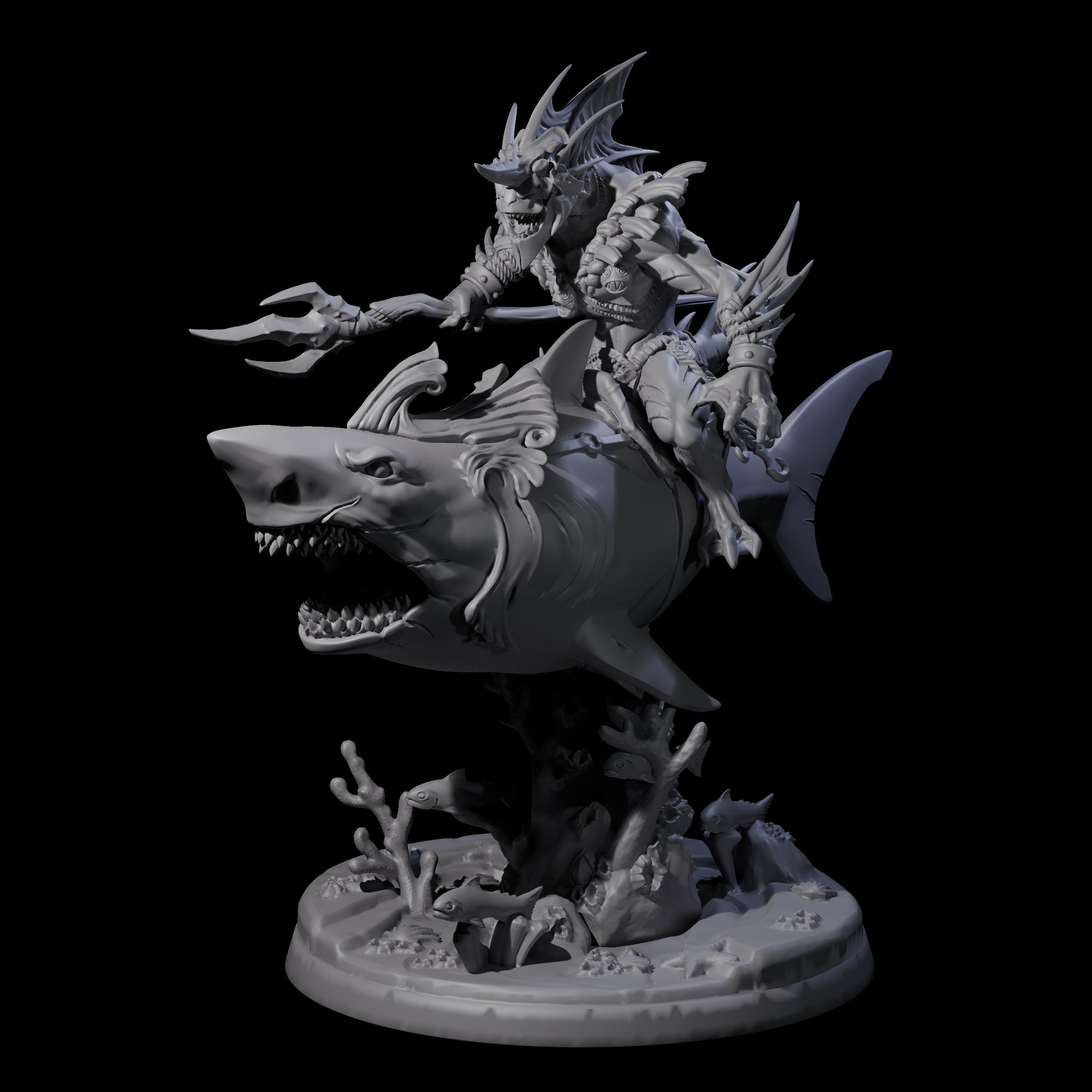 Dripping Sahuagin Warrior riding Shark B Miniature for Dungeons and Dragons, Pathfinder or other TTRPGs