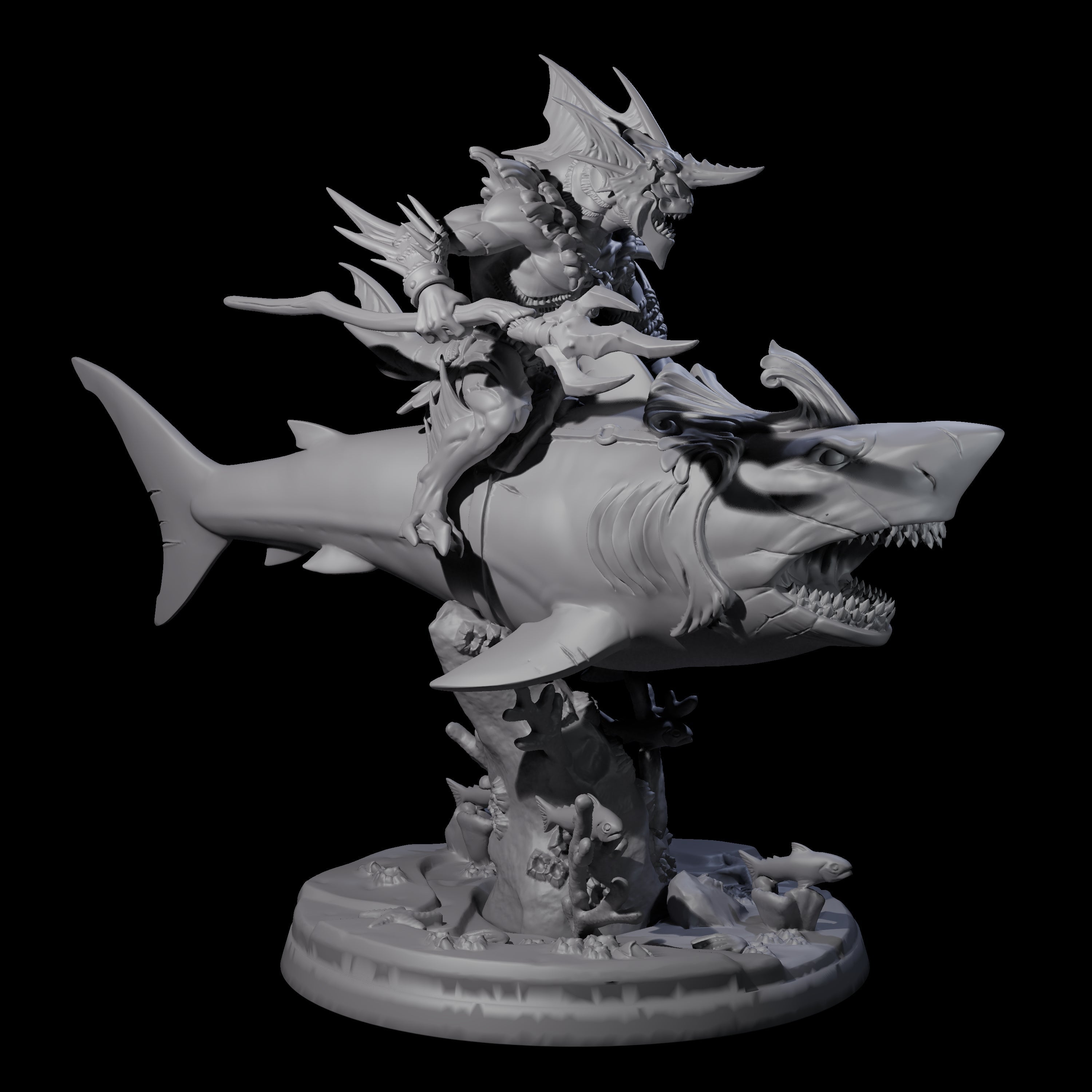 Dripping Sahuagin Warrior riding Shark B Miniature for Dungeons and Dragons, Pathfinder or other TTRPGs