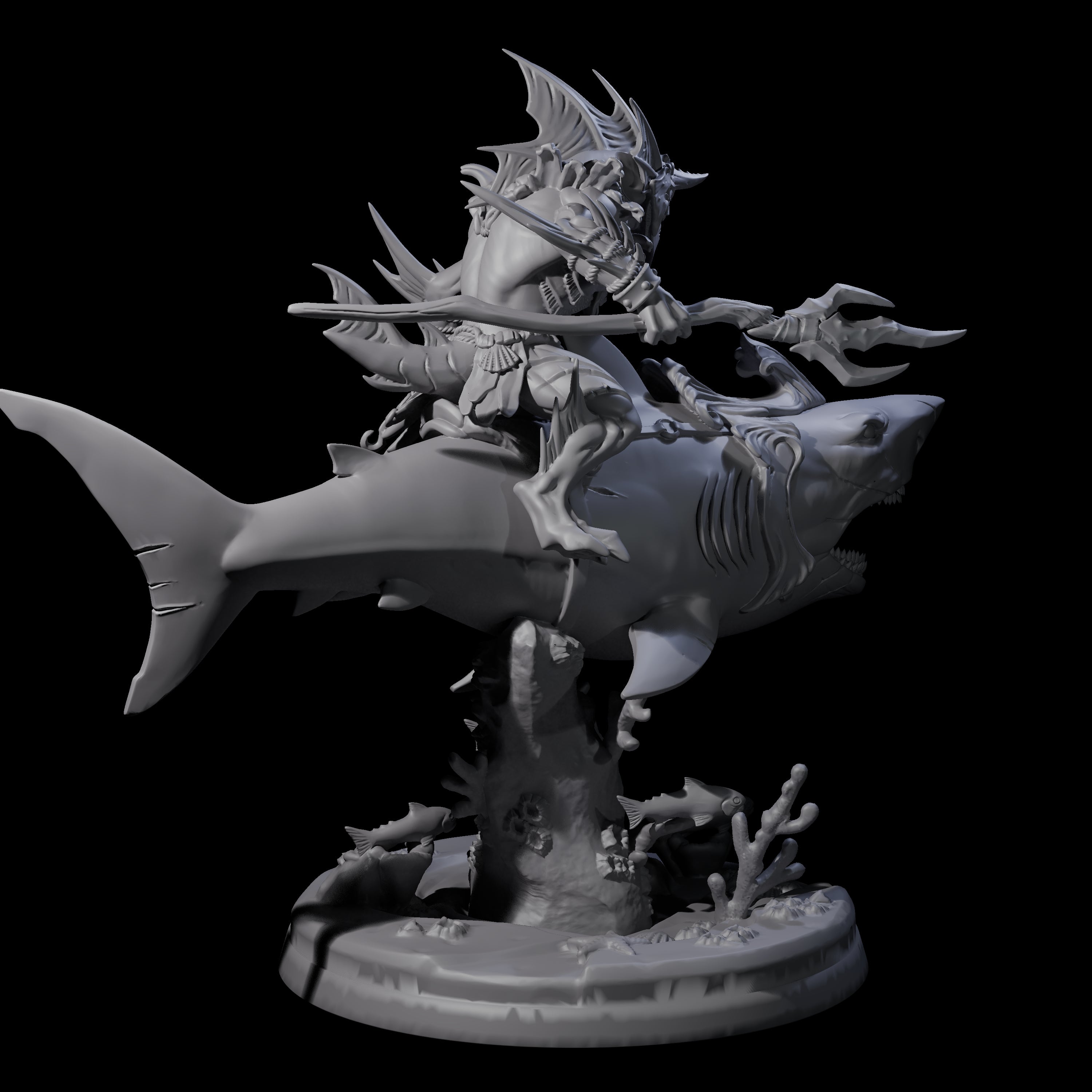 Dripping Sahuagin Warrior riding Shark B Miniature for Dungeons and Dragons, Pathfinder or other TTRPGs