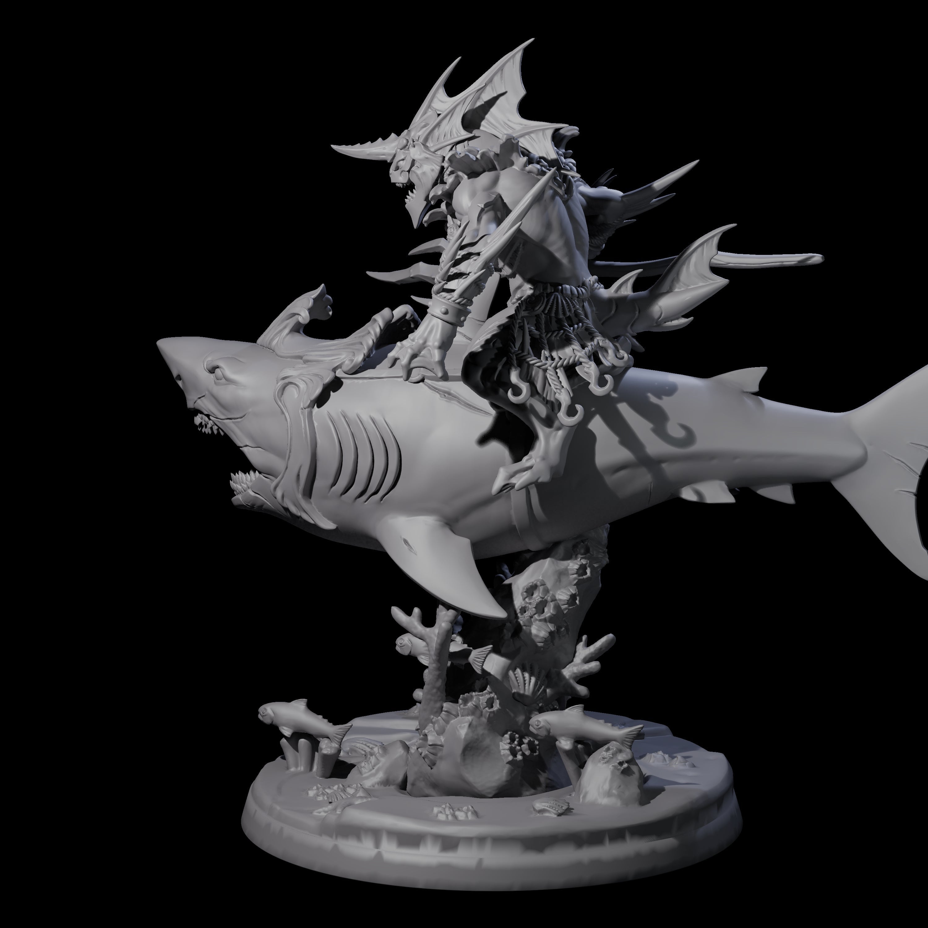 Dripping Sahuagin Warrior riding Shark B Miniature for Dungeons and Dragons, Pathfinder or other TTRPGs