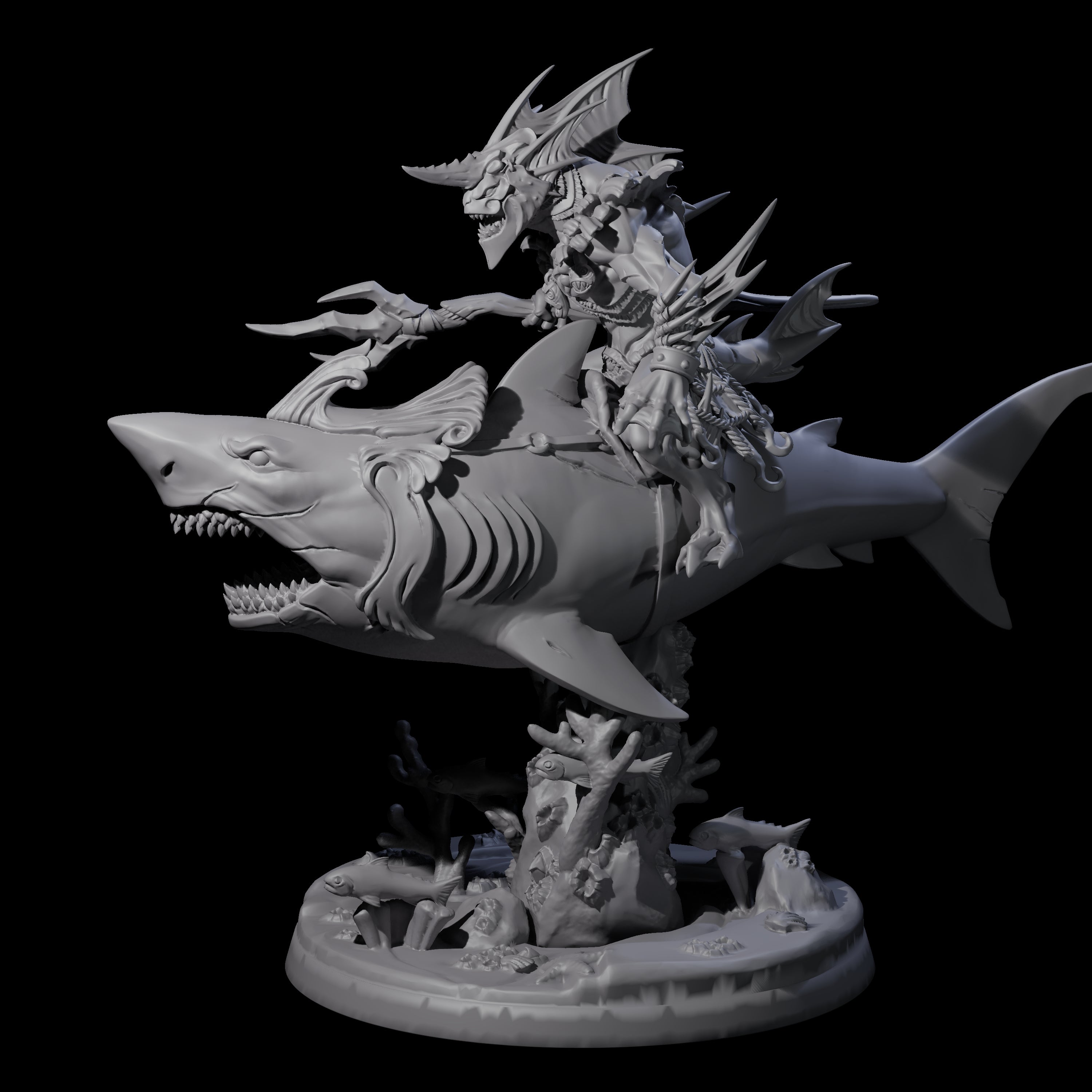 Dripping Sahuagin Warrior riding Shark B Miniature for Dungeons and Dragons, Pathfinder or other TTRPGs