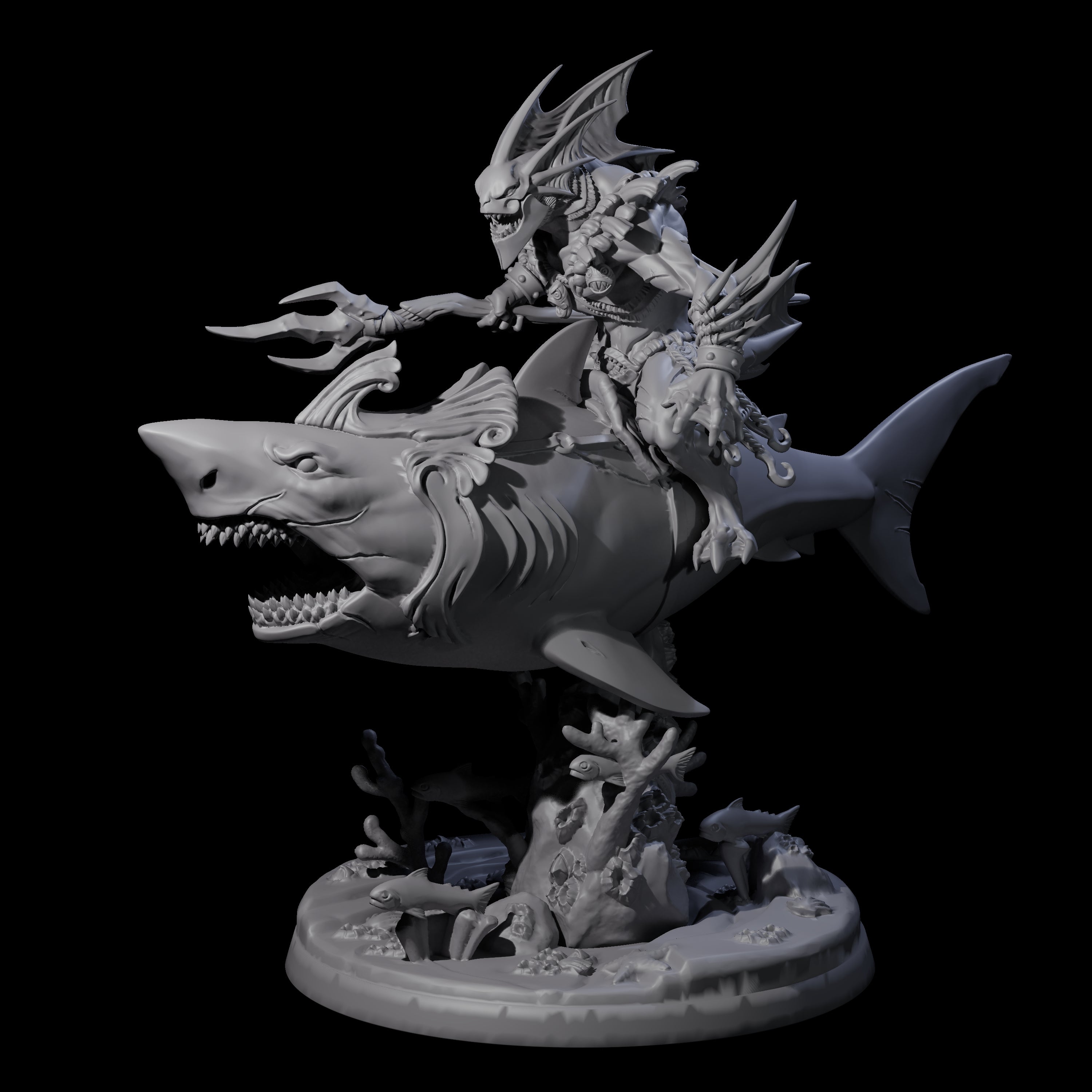 Dripping Sahuagin Warrior riding Shark B Miniature for Dungeons and Dragons, Pathfinder or other TTRPGs