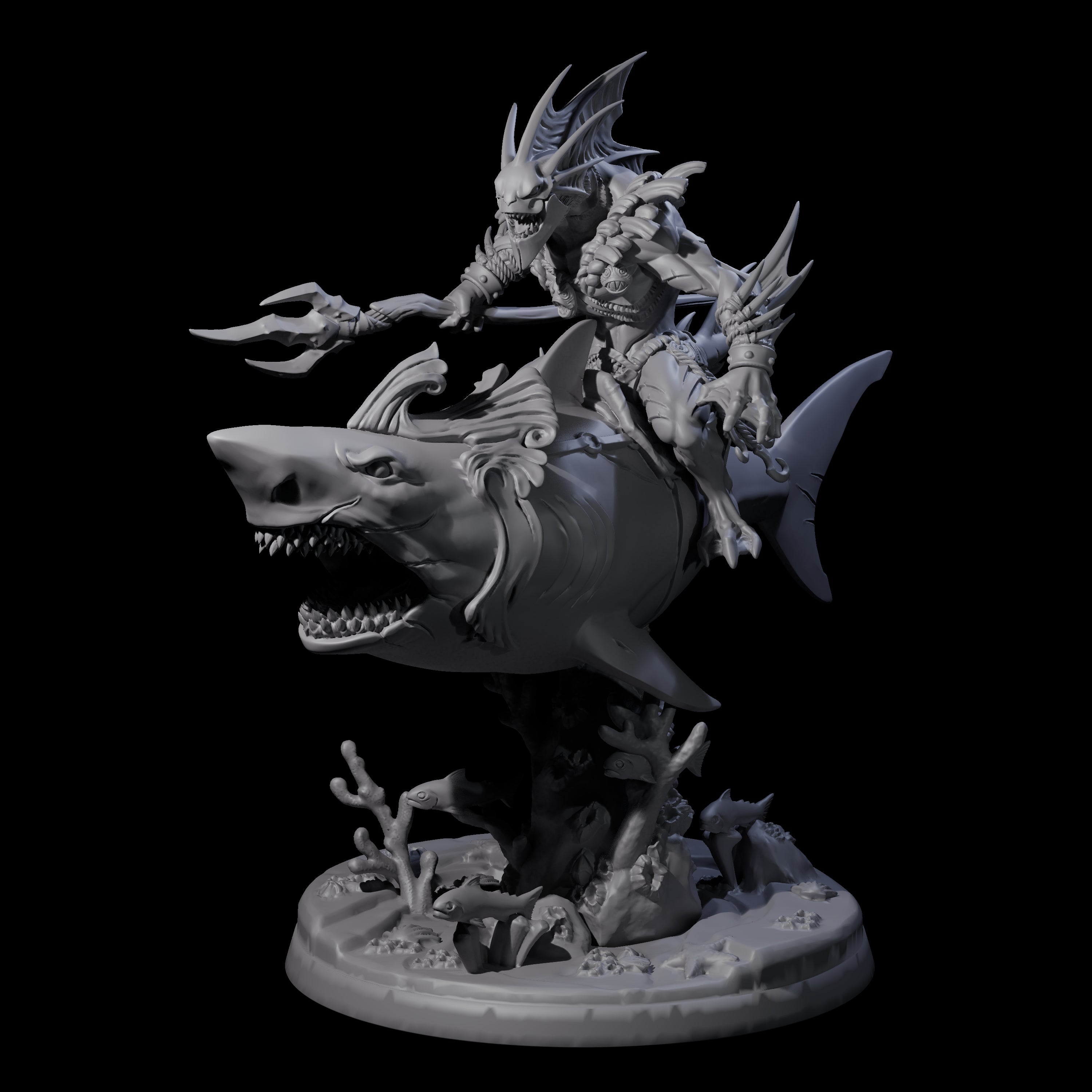 Dripping Sahuagin Warrior riding Shark B Miniature for Dungeons and Dragons, Pathfinder or other TTRPGs