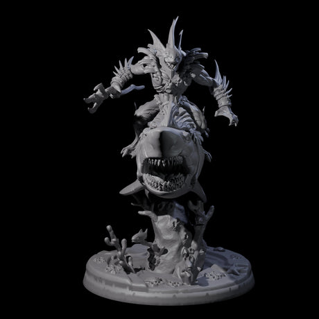 Dripping Sahuagin Warrior riding Shark B Miniature for Dungeons and Dragons, Pathfinder or other TTRPGs