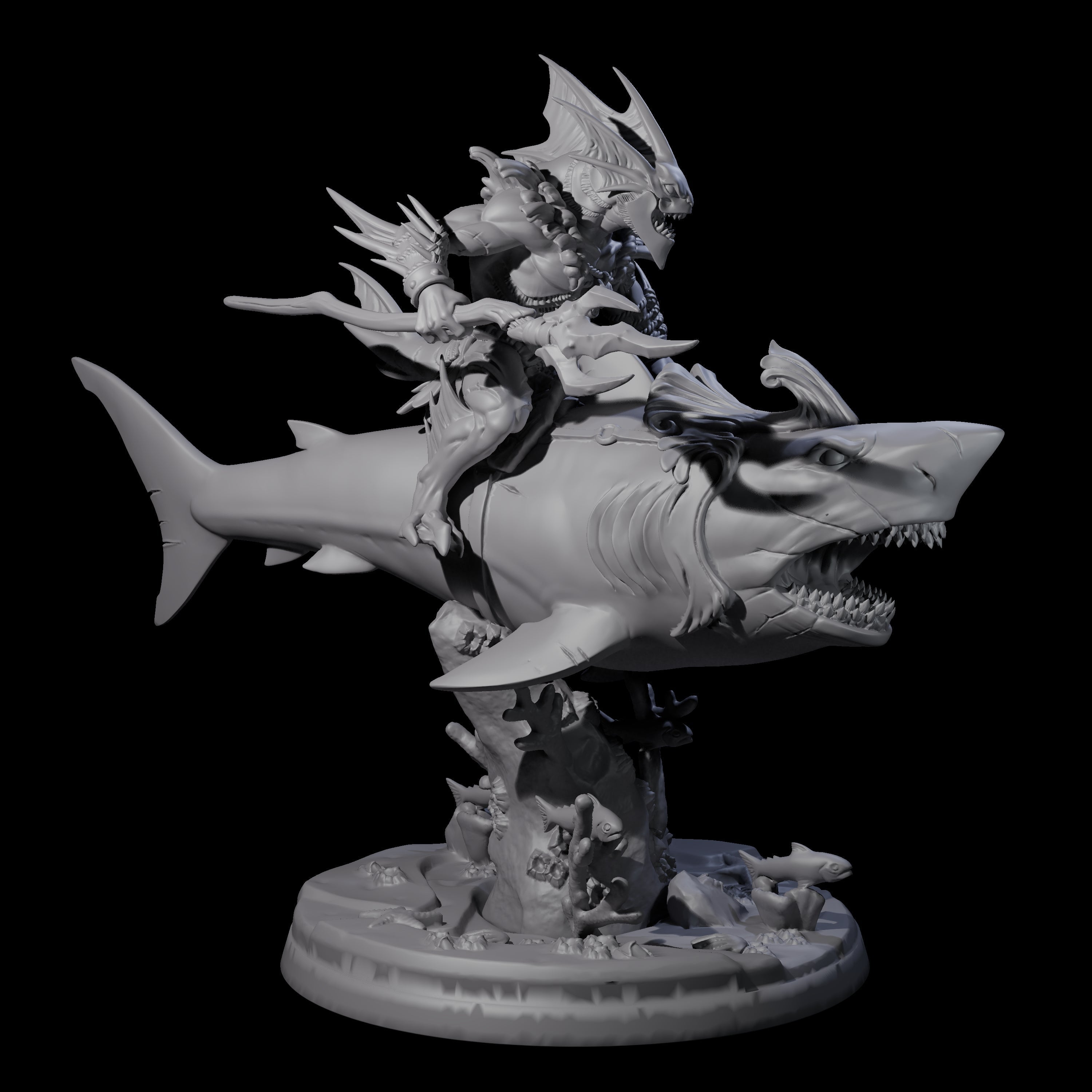 Dripping Sahuagin Warrior riding Shark B Miniature for Dungeons and Dragons, Pathfinder or other TTRPGs