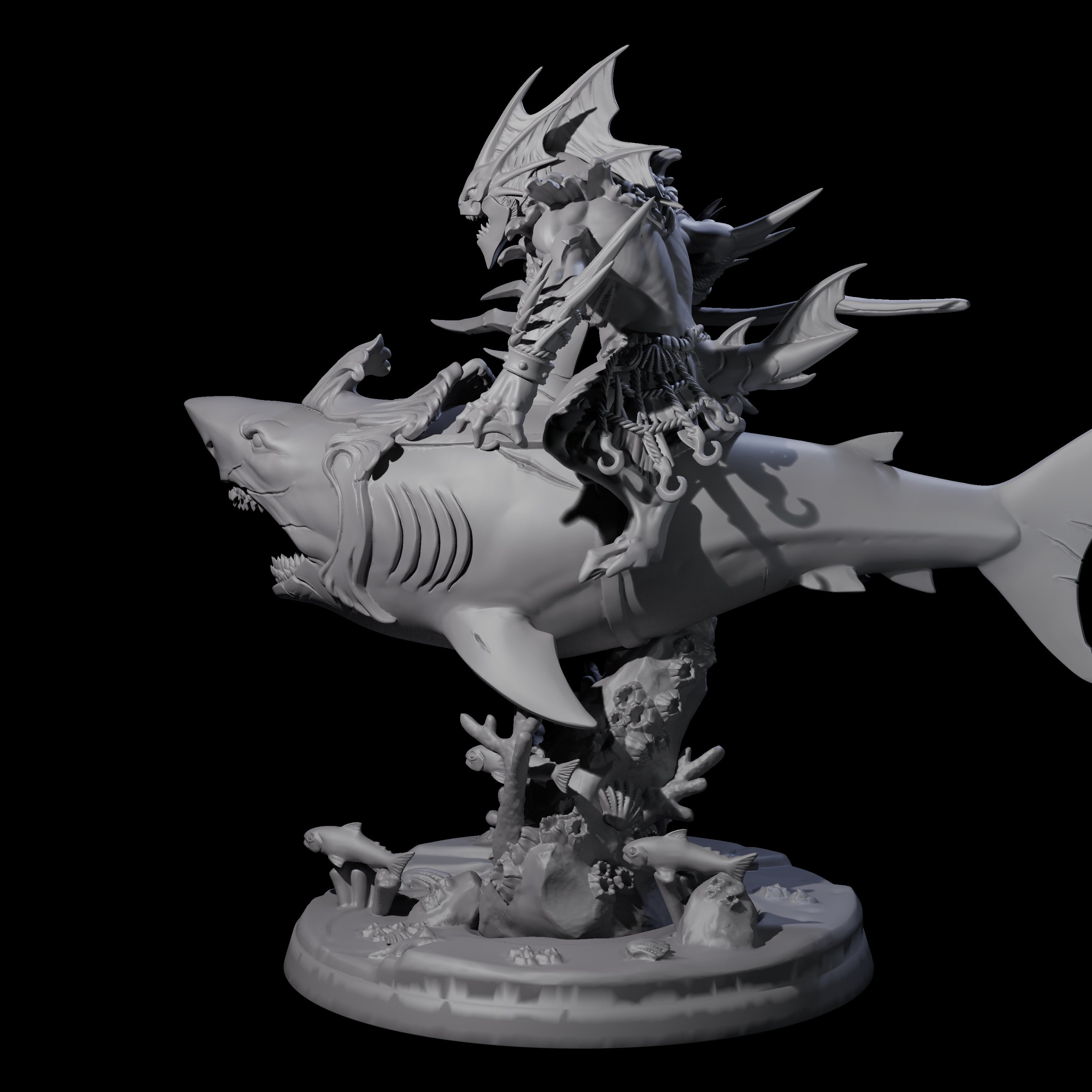 Dripping Sahuagin Warrior riding Shark B Miniature for Dungeons and Dragons, Pathfinder or other TTRPGs