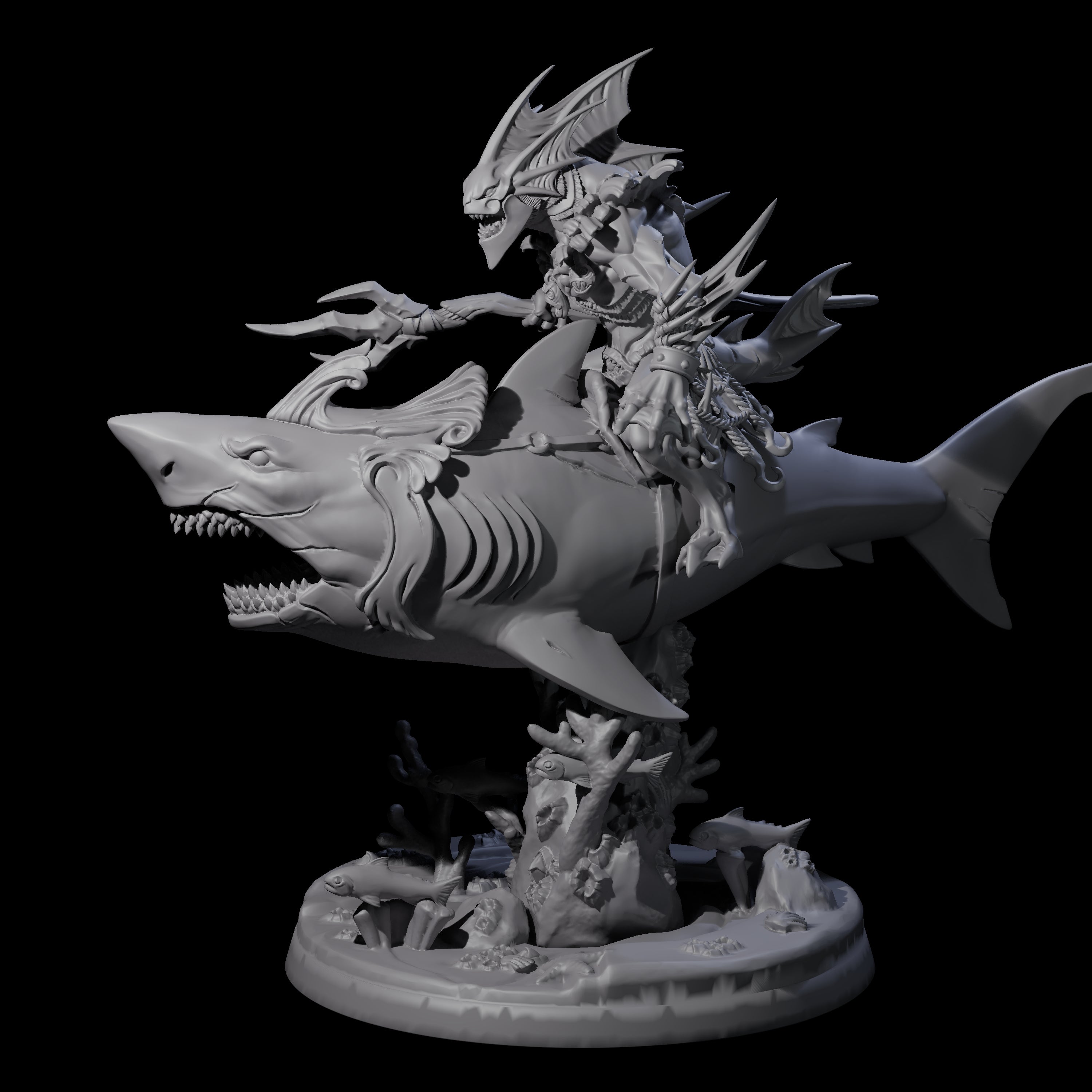 Dripping Sahuagin Warrior riding Shark B Miniature for Dungeons and Dragons, Pathfinder or other TTRPGs