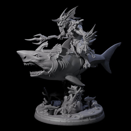 Dripping Sahuagin Warrior riding Shark B Miniature for Dungeons and Dragons, Pathfinder or other TTRPGs