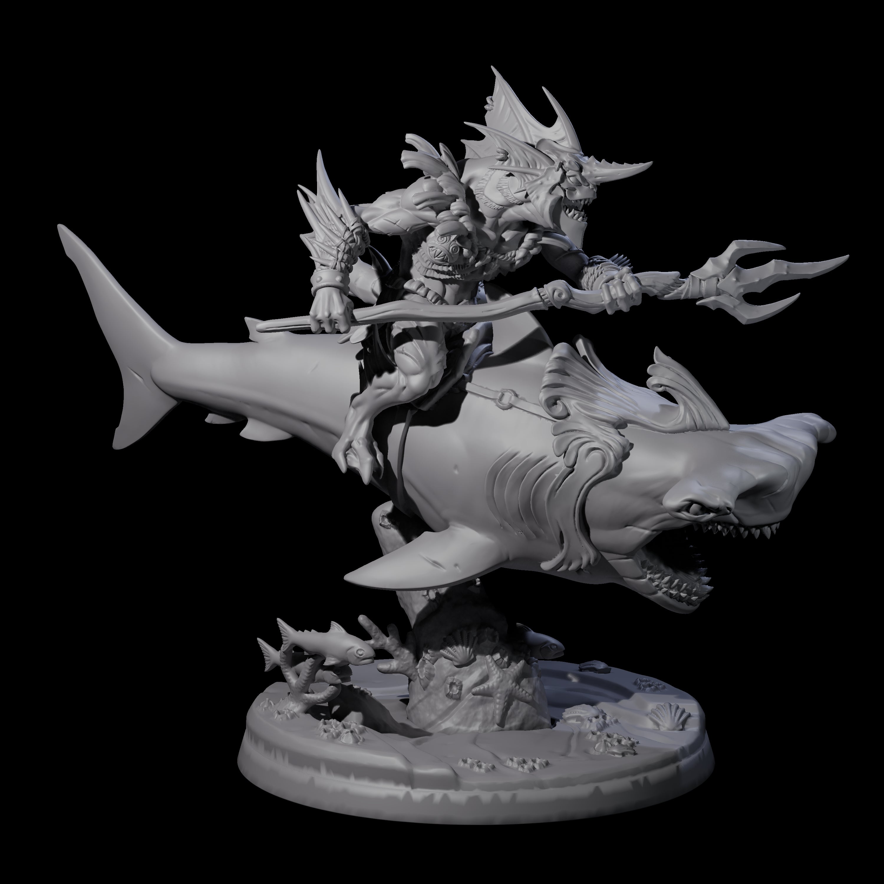 Dripping Sahuagin Warrior riding Shark C Miniature for Dungeons and Dragons, Pathfinder or other TTRPGs