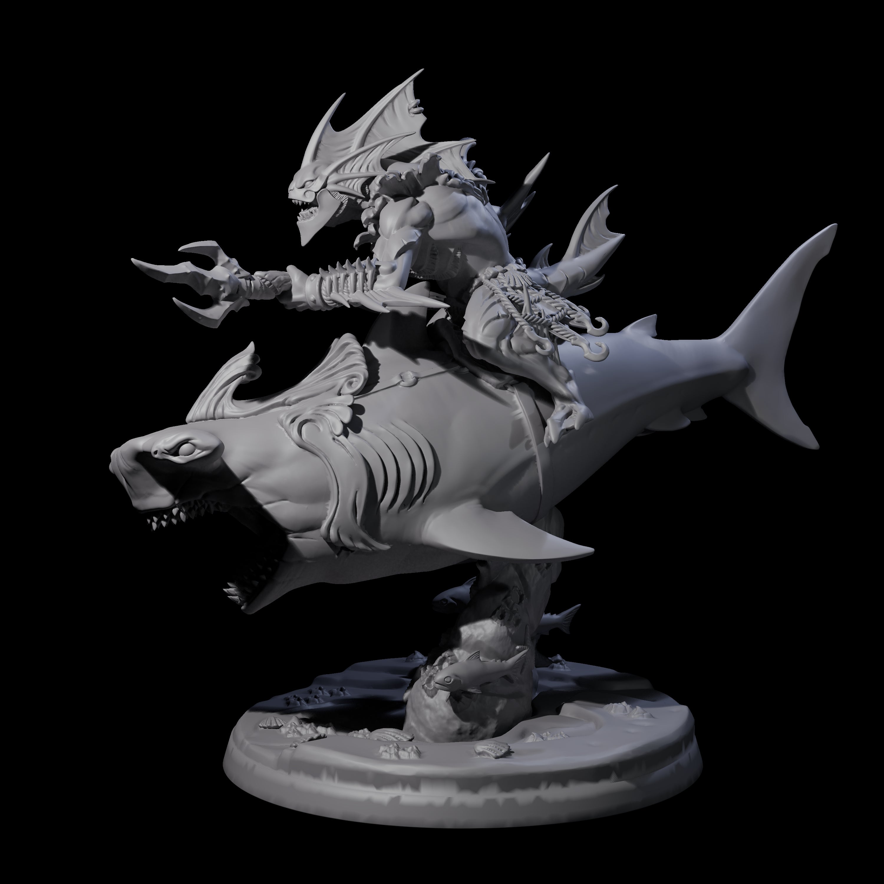 Dripping Sahuagin Warrior riding Shark C Miniature for Dungeons and Dragons, Pathfinder or other TTRPGs