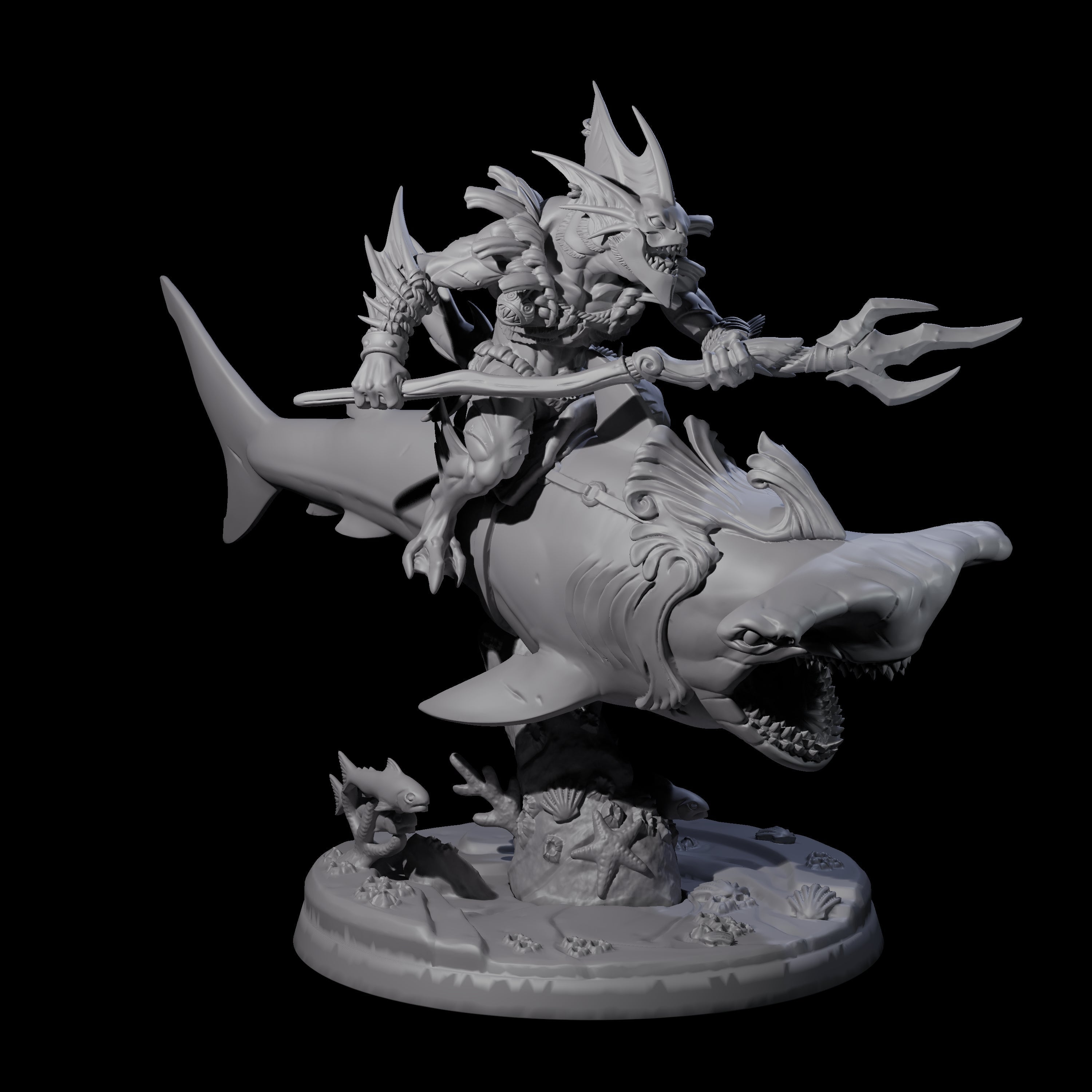 Dripping Sahuagin Warrior riding Shark C Miniature for Dungeons and Dragons, Pathfinder or other TTRPGs