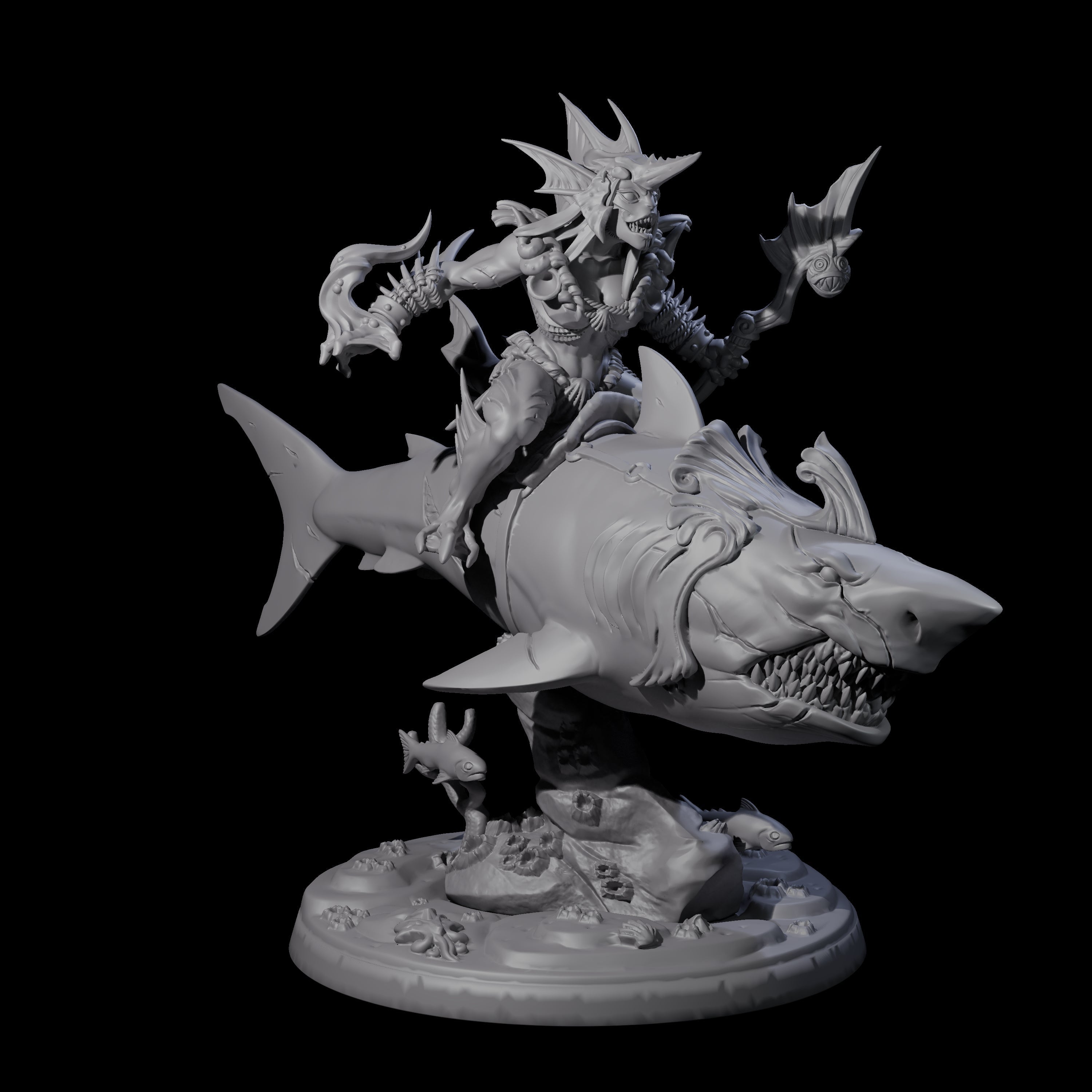 Dripping Sahuagin Warrior riding Shark D Miniature for Dungeons and Dragons, Pathfinder or other TTRPGs