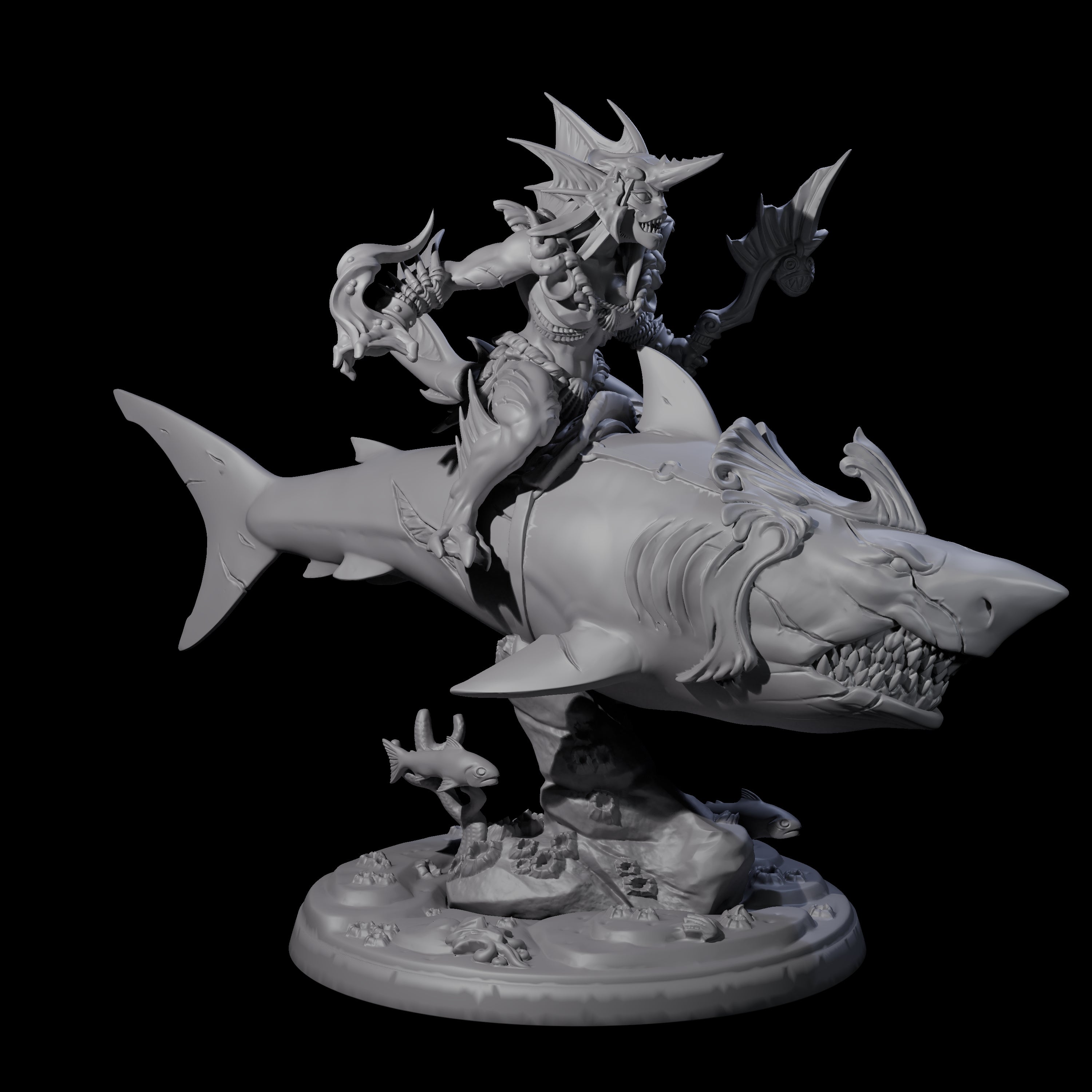 Dripping Sahuagin Warrior riding Shark D Miniature for Dungeons and Dragons, Pathfinder or other TTRPGs