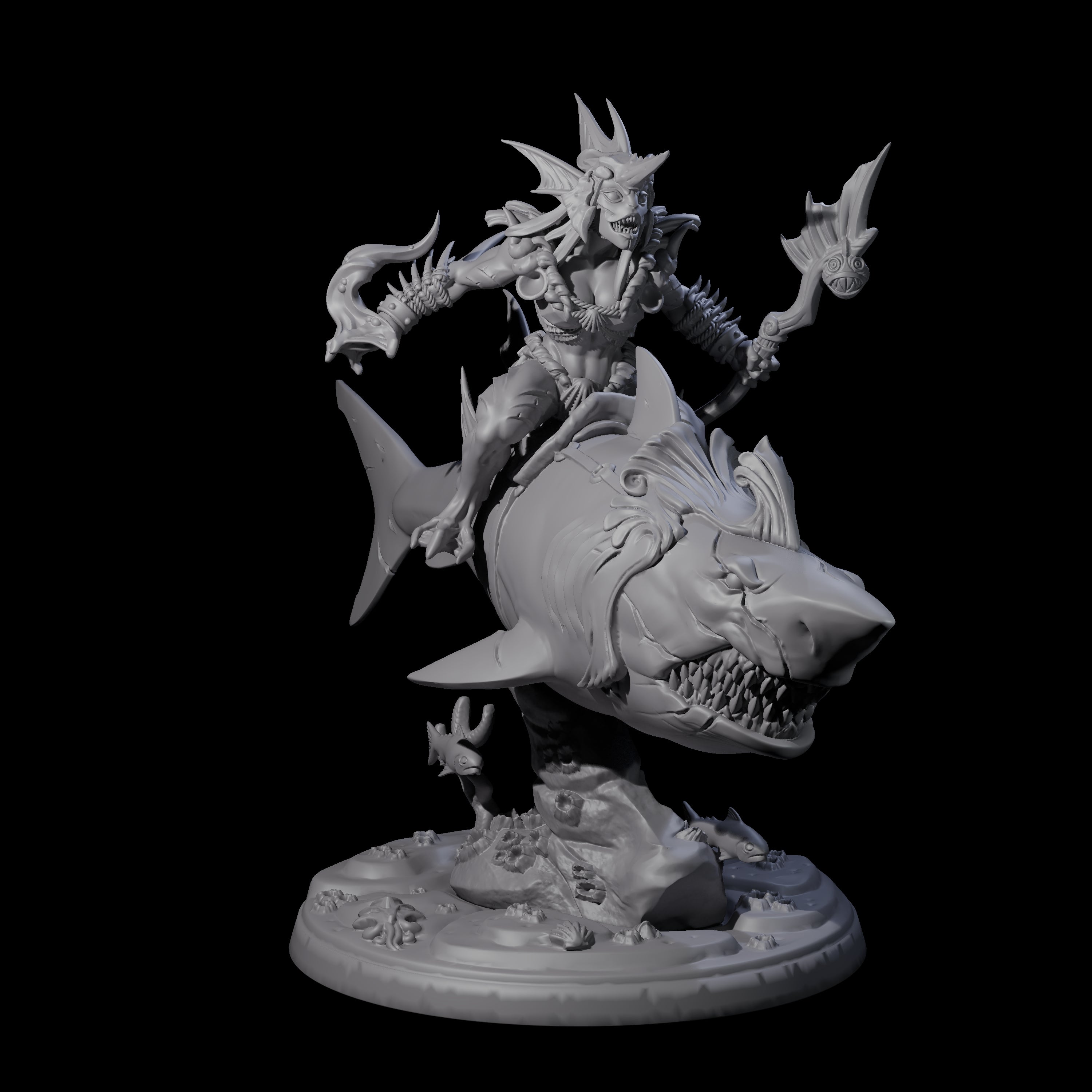 Dripping Sahuagin Warrior riding Shark D Miniature for Dungeons and Dragons, Pathfinder or other TTRPGs