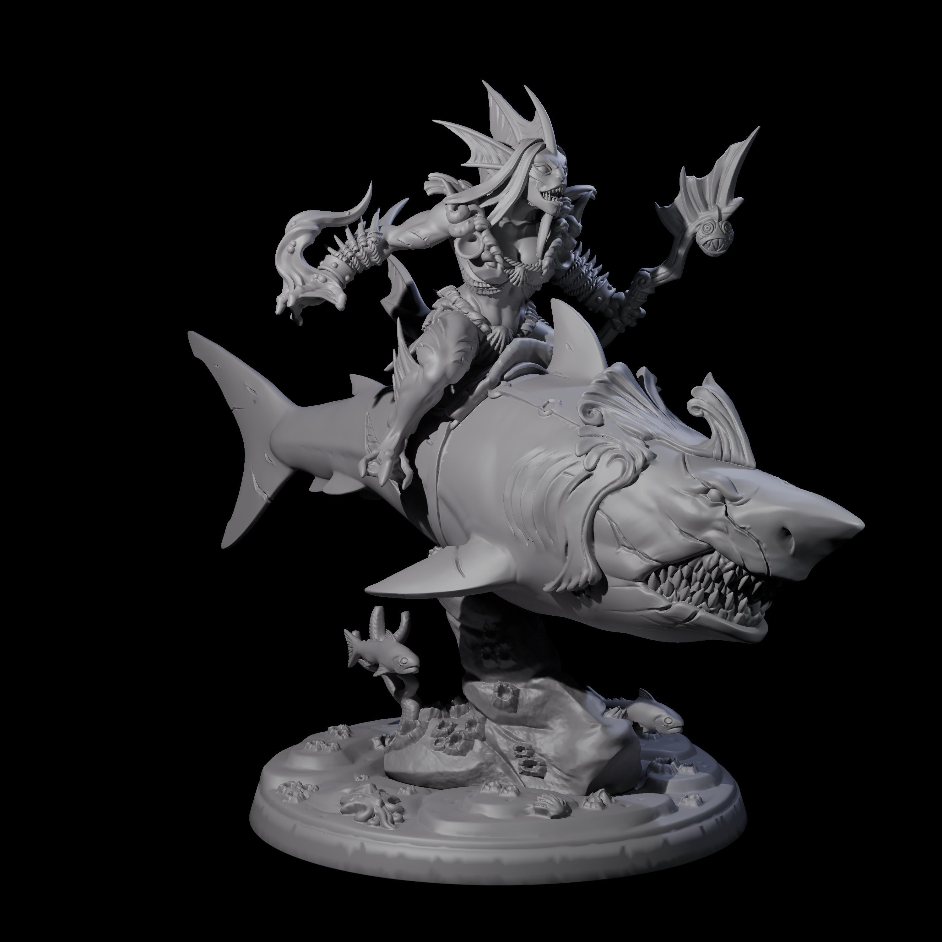 Dripping Sahuagin Warrior riding Shark D Miniature for Dungeons and Dragons, Pathfinder or other TTRPGs