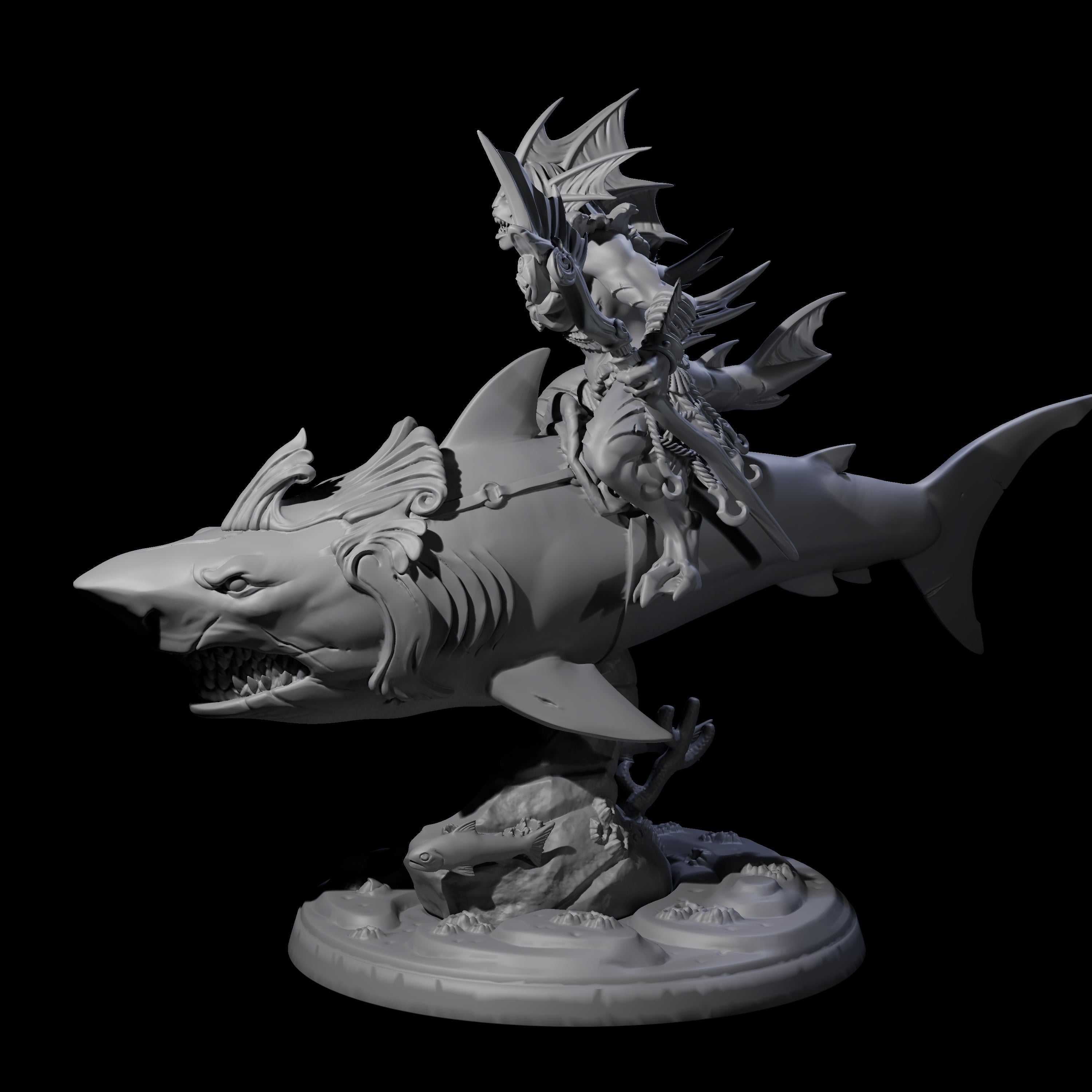 Dripping Sahuagin Warrior riding Shark D Miniature for Dungeons and Dragons, Pathfinder or other TTRPGs