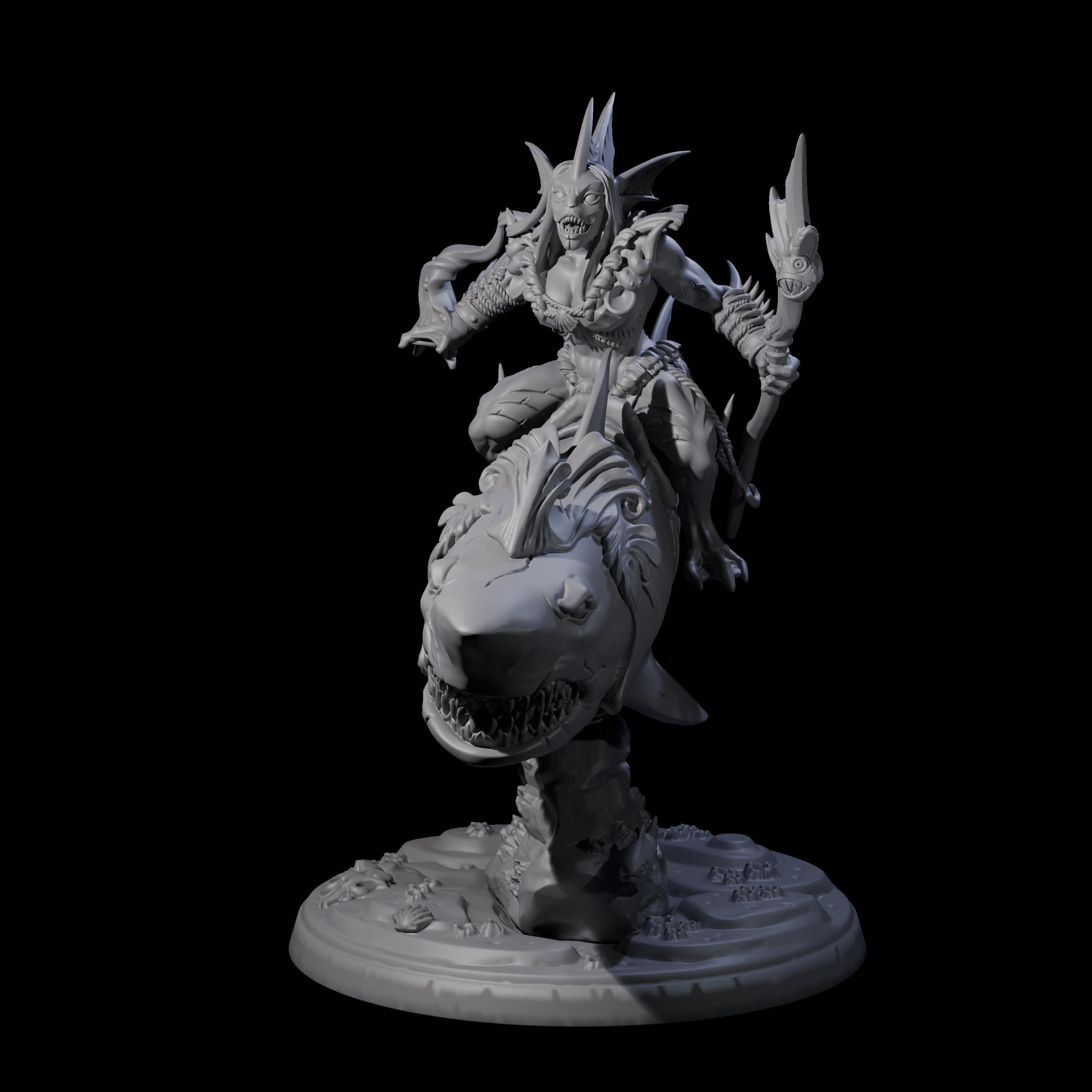 Dripping Sahuagin Warrior riding Shark D Miniature for Dungeons and Dragons, Pathfinder or other TTRPGs