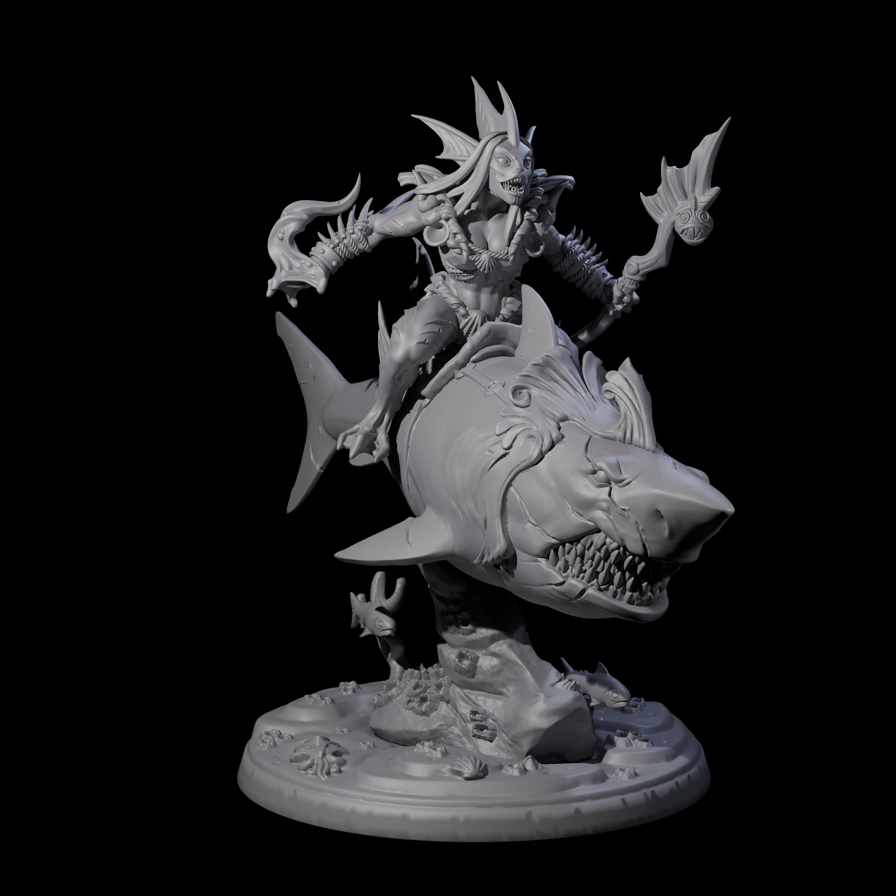 Dripping Sahuagin Warrior riding Shark D Miniature for Dungeons and Dragons, Pathfinder or other TTRPGs