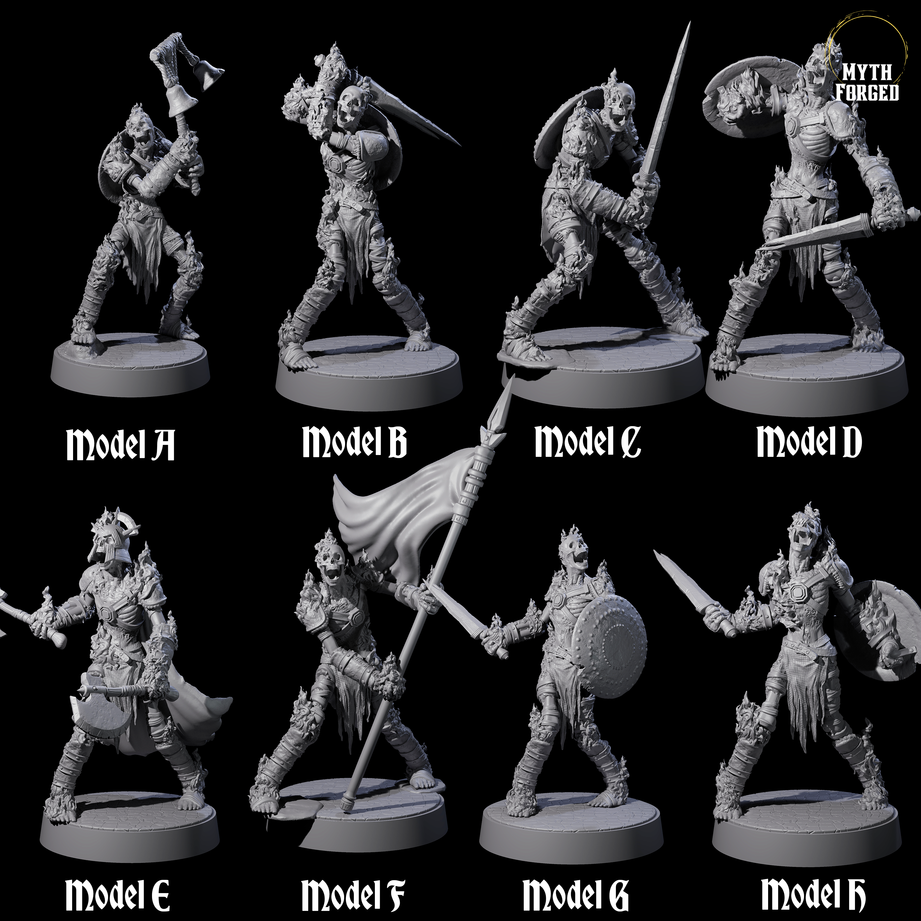 Eight Ablaze Skeleton Thralls Miniature for Dungeons and Dragons, Pathfinder or other TTRPGs