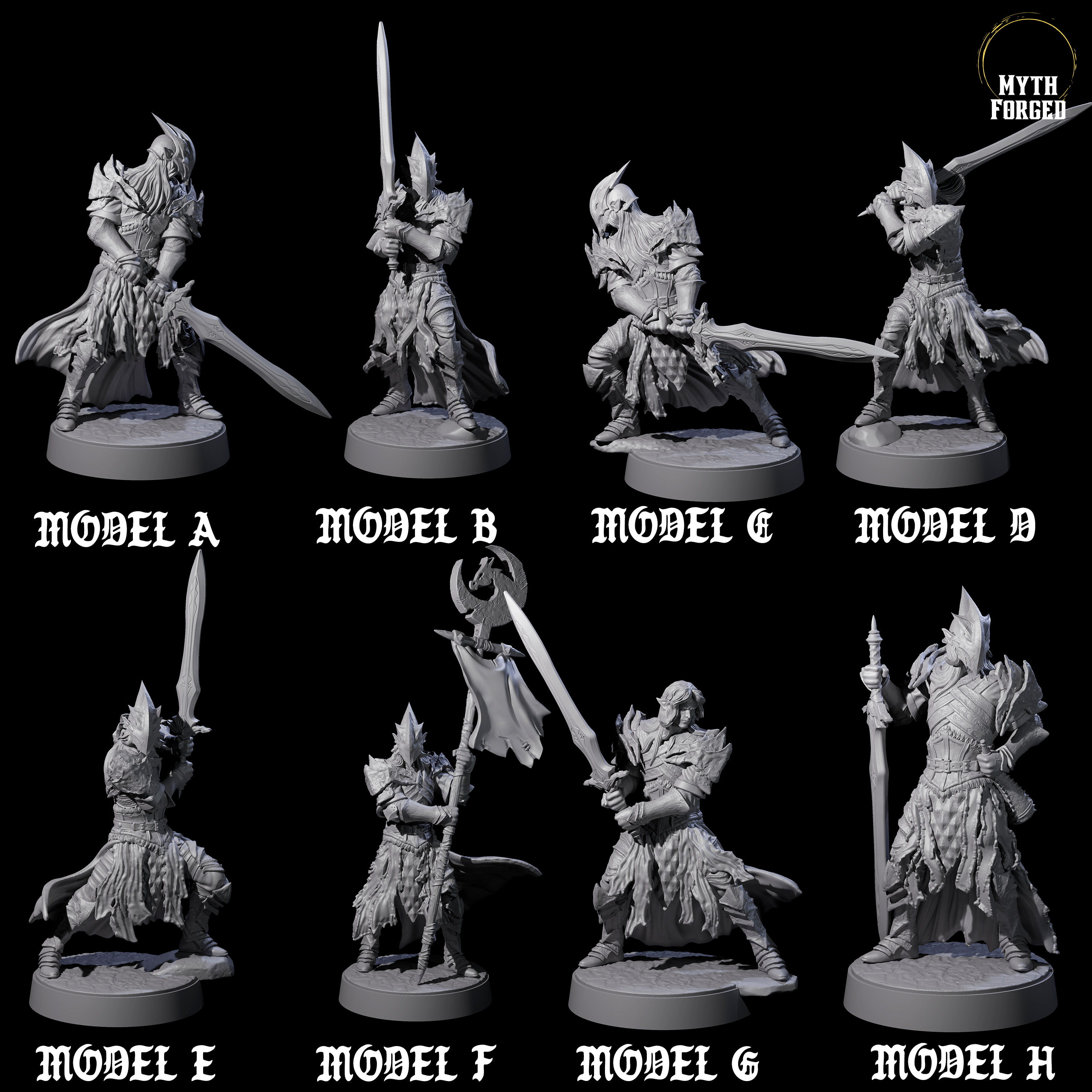 Eight Full Helm Elf Blademasters Miniature for Dungeons and Dragons, Pathfinder or other TTRPGs