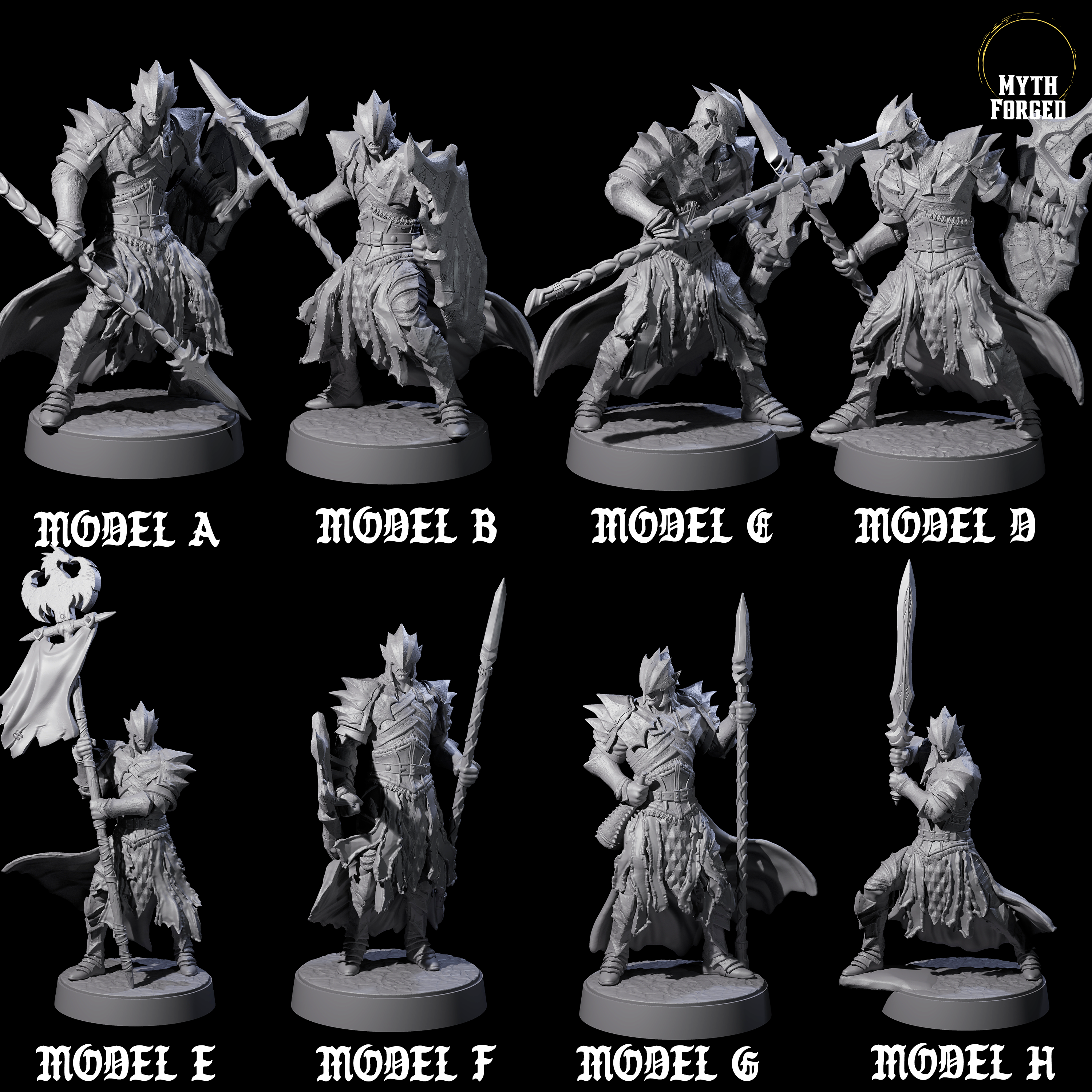 Eight Grimacing Elf Spearmen Miniature for Dungeons and Dragons, Pathfinder or other TTRPGs