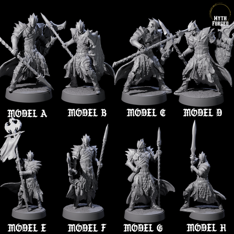Eight Grimacing Elf Spearmen Miniature for Dungeons and Dragons, Pathfinder or other TTRPGs