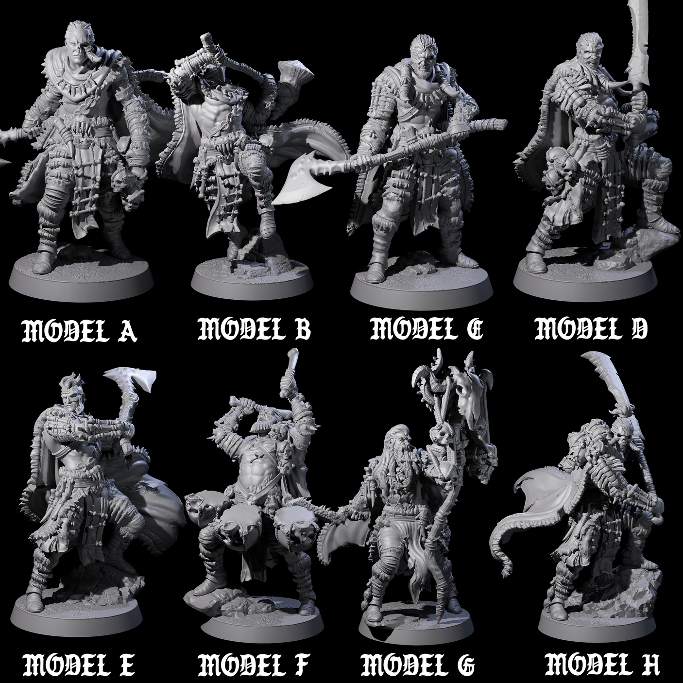 Eight Half Masked Berserkers Miniature for Dungeons and Dragons, Pathfinder or other TTRPGs