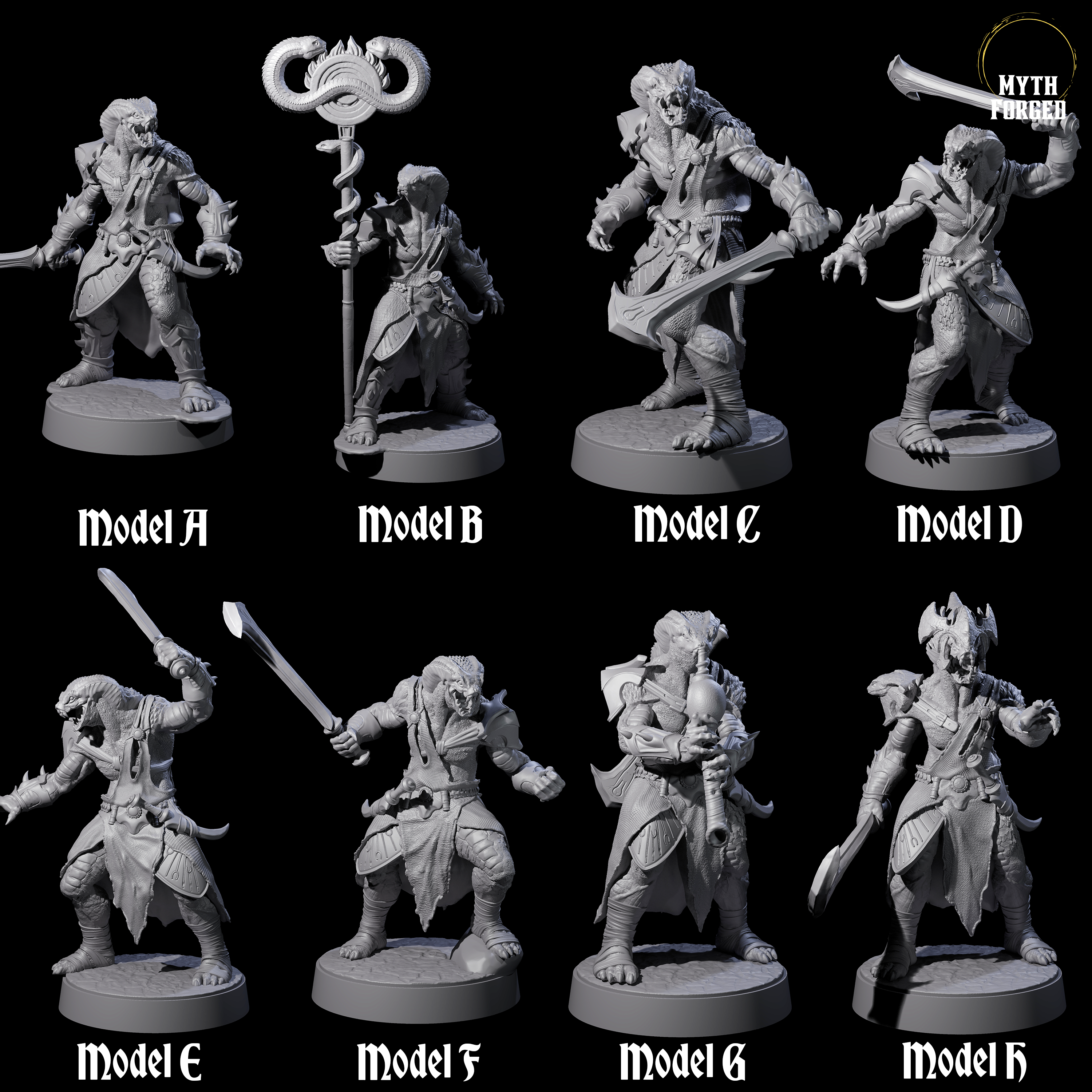 Eight Muscular Yuan-ti Warriors Miniature for Dungeons and Dragons, Pathfinder or other TTRPGs