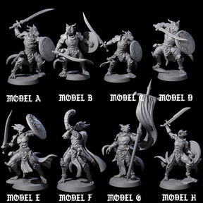 Eight Swinging Dragonborn Flameblades Miniature for Dungeons and Dragons, Pathfinder or other TTRPGs