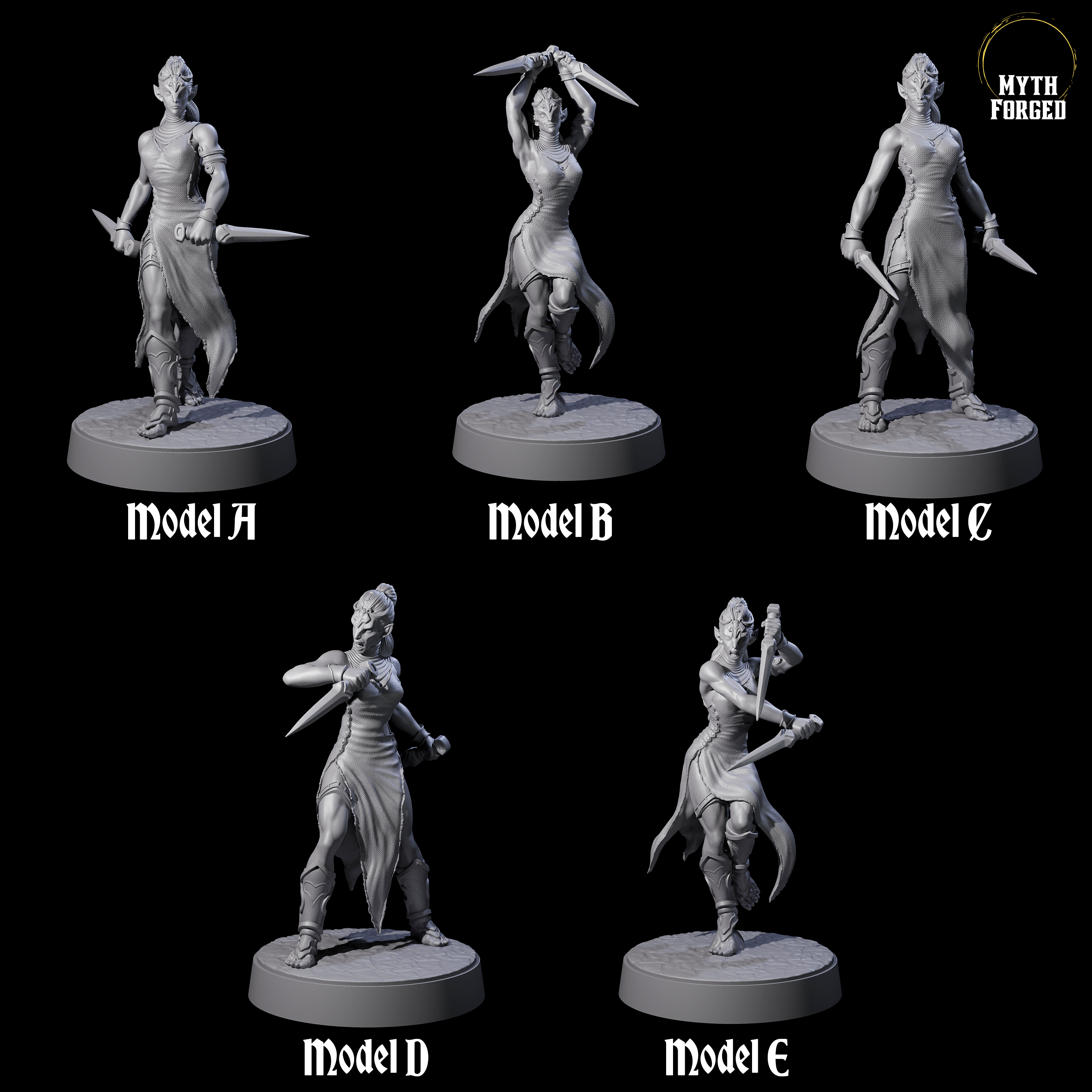Five Slender Yuan-ti Priestesses Miniature for Dungeons and Dragons, Pathfinder or other TTRPGs