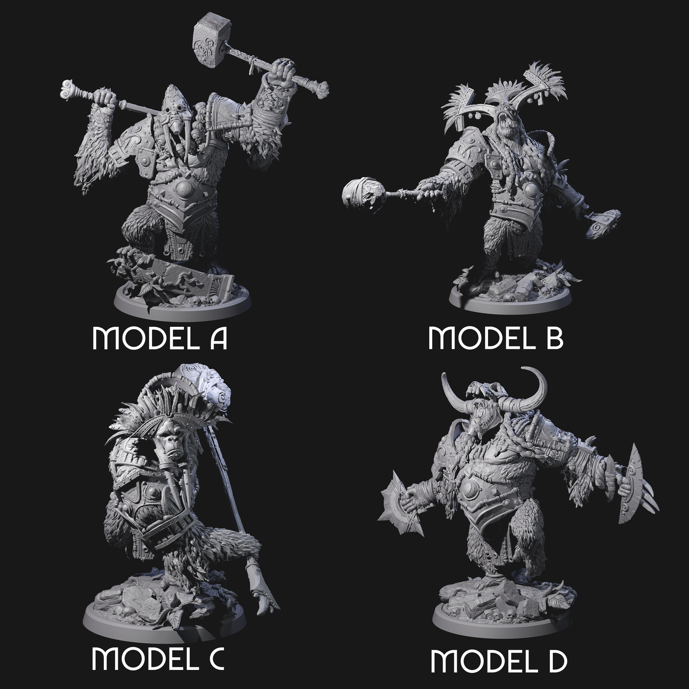 Four Armoured Giant Orangutans Miniature for Dungeons and Dragons, Pathfinder or other TTRPGs