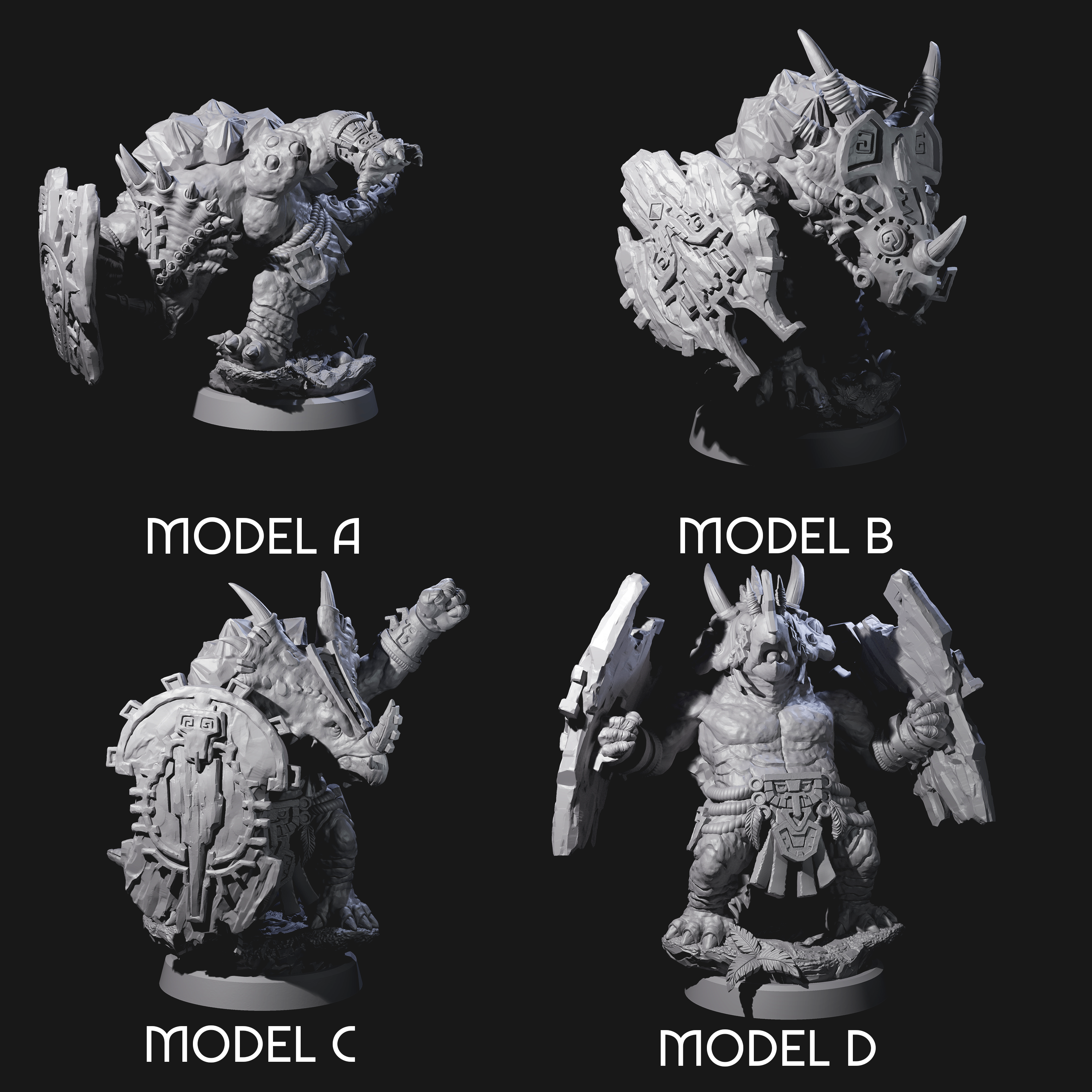 Four Armoured Triceratops Shield Fighters Miniature for Dungeons and Dragons, Pathfinder or other TTRPGs