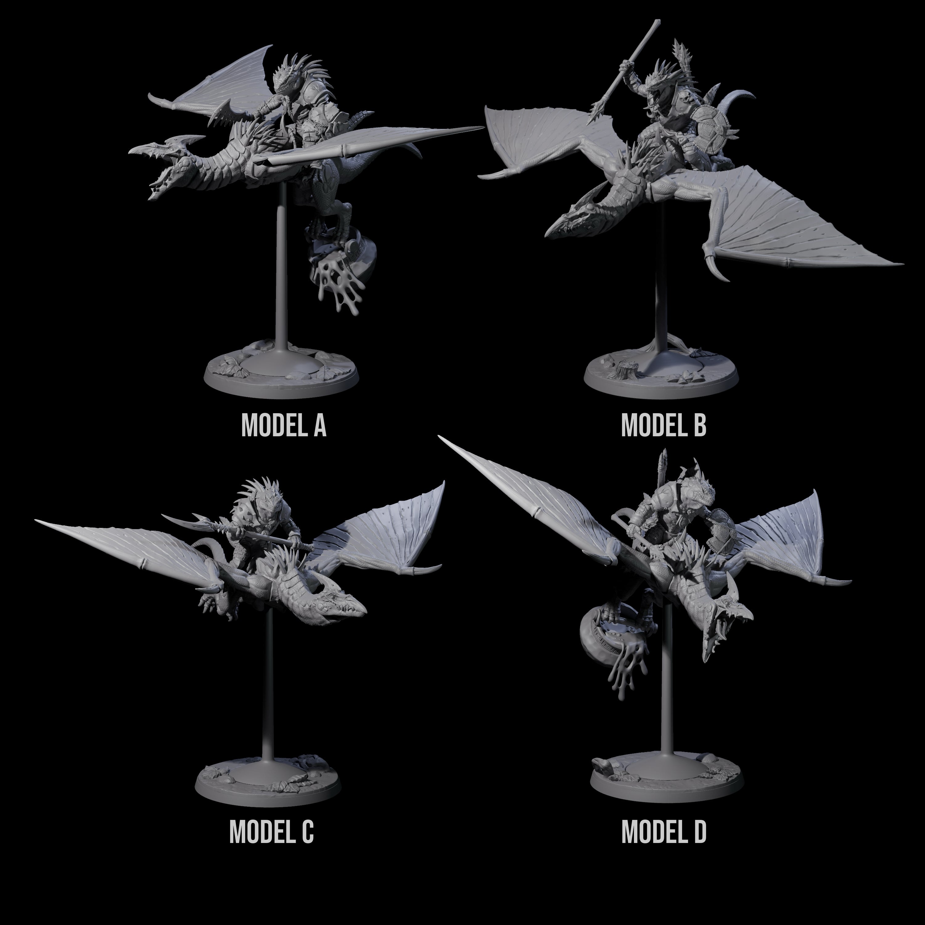 Four Boiling Lizardfolk Pteranodon Riders Miniature for Dungeons and Dragons, Pathfinder or other TTRPGs