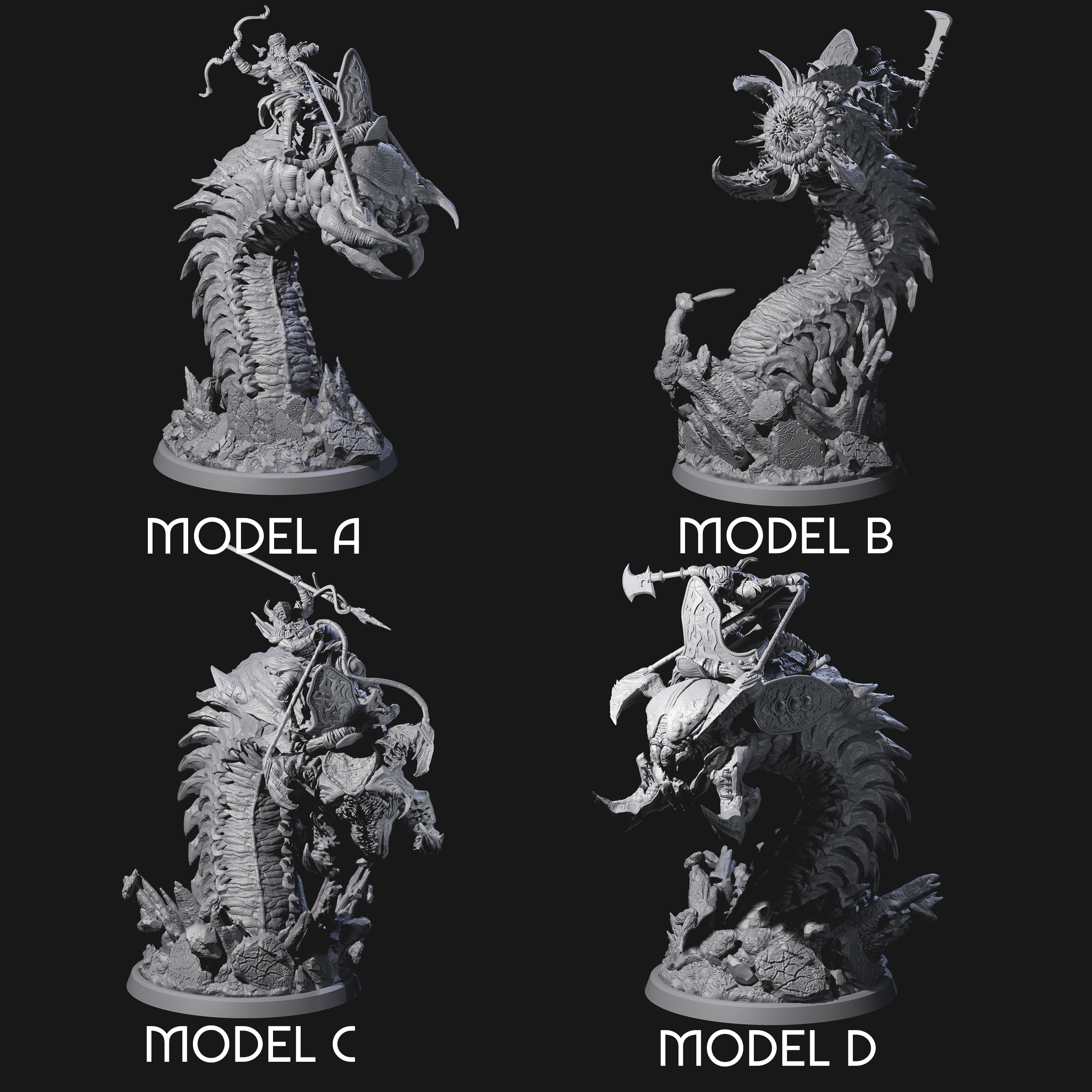 Four Bucking Purple Worm Riders Miniature for Dungeons and Dragons, Pathfinder or other TTRPGs