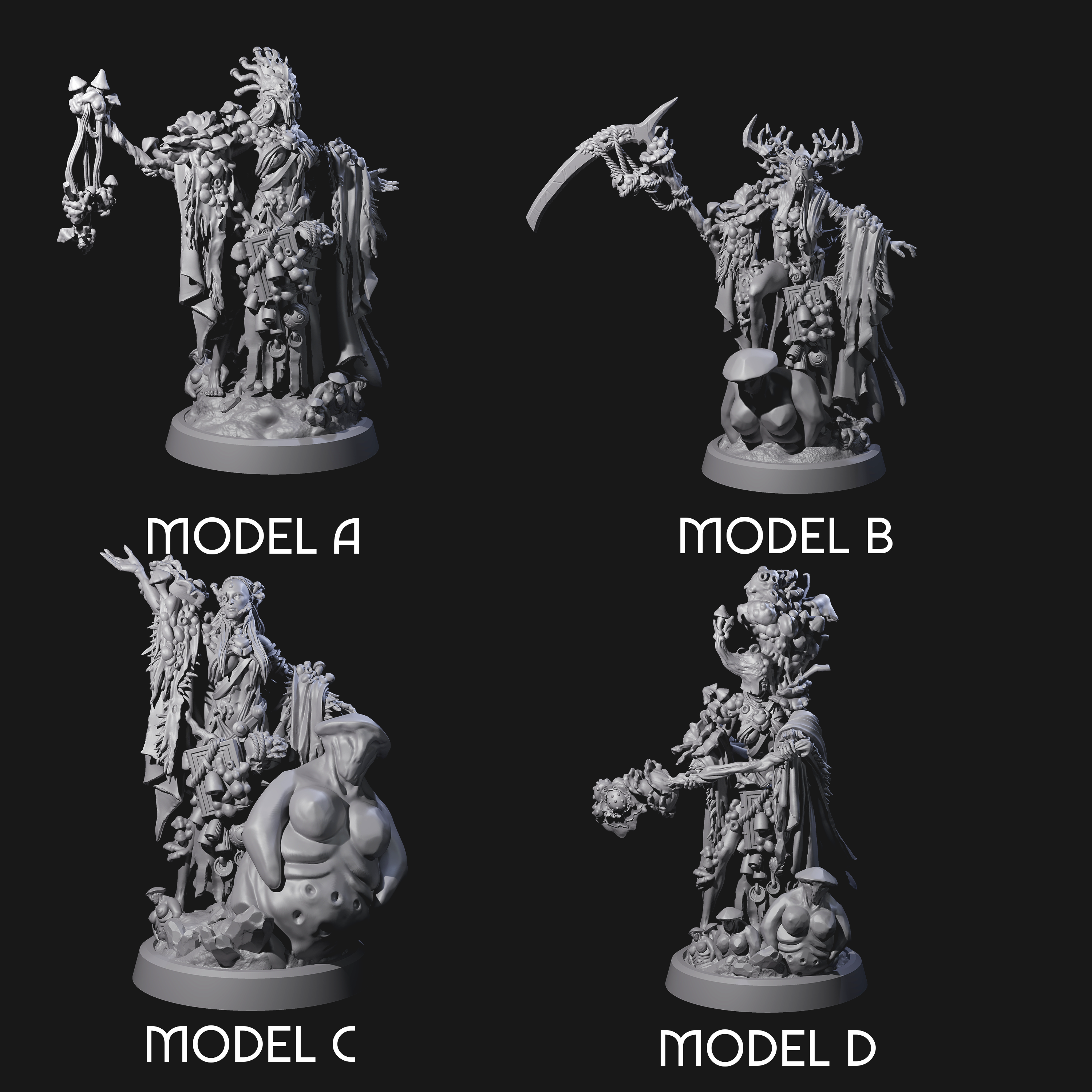 Four Casting Spore Priests Miniature for Dungeons and Dragons, Pathfinder or other TTRPGs
